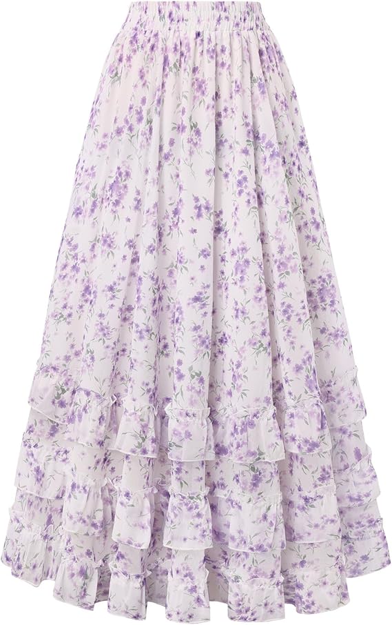 Scarlet Darkness Maxi Skirts for Women Floral Chiffon Elastic High Waist Flowy Ruffle Long Skirt with Pokets