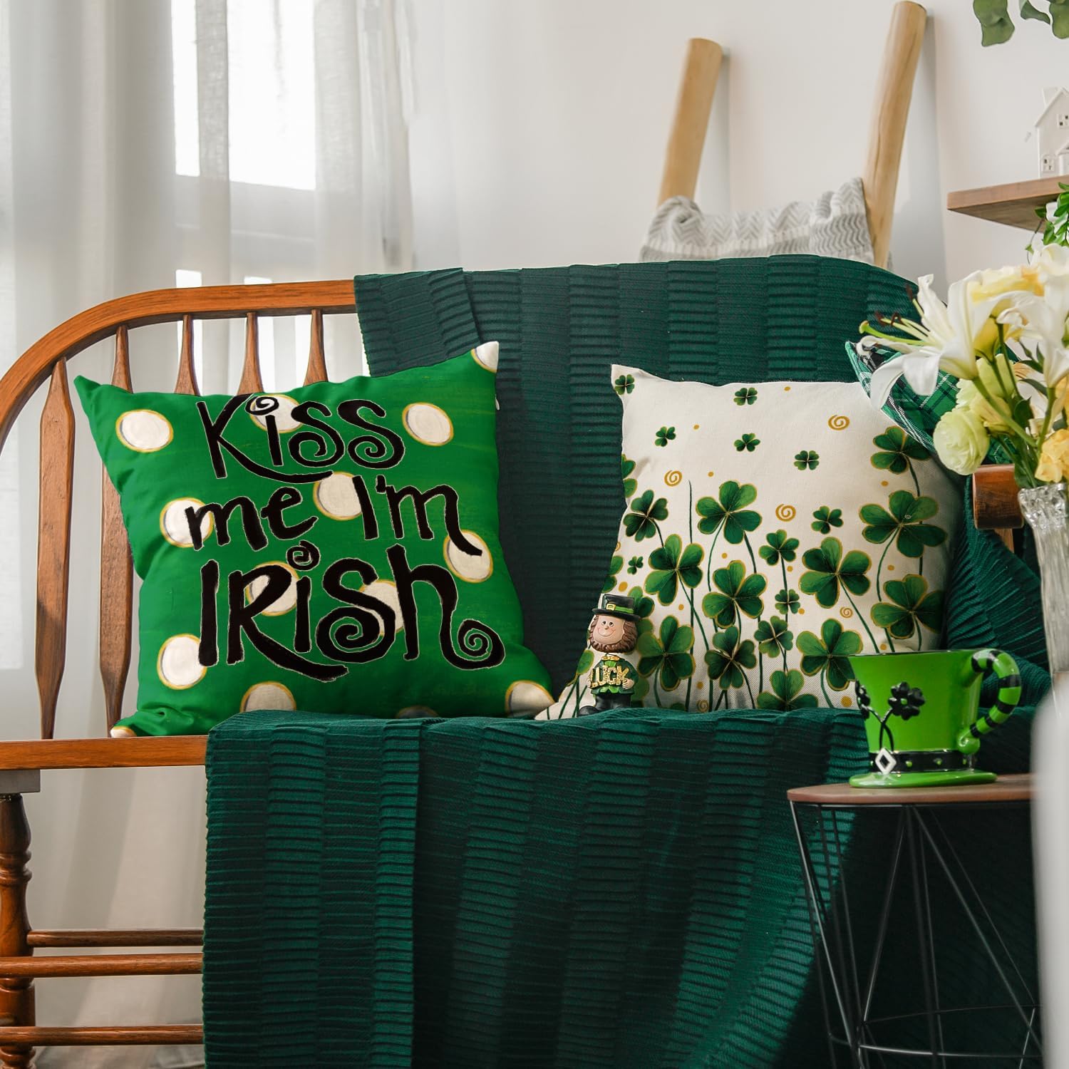 AVOIN colorlife Happy ST Patricks Day Gold-Outlined Clover Throw Pillow Covers, 18 x 18 Inch Kiss Me I'm Irish Shamrock Golden Spiral Polka Dot Decoration for Sofa Couch Set of 4 - Image 4