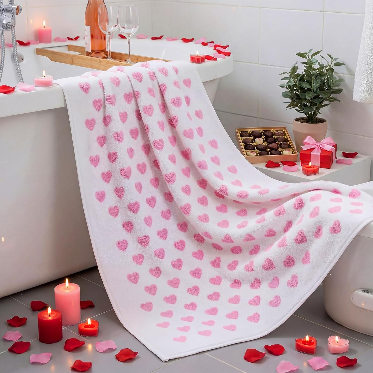 2 Pcs Mother's Day Hearts Cotton Bath Towels Gift for Women 55 x 28 Inch Red Pink Hearts Soft Cotton Bath Towels Mother's Day Extra Absorbent Quick Decorative Hand Towel for Bathroom Decor(Pink)