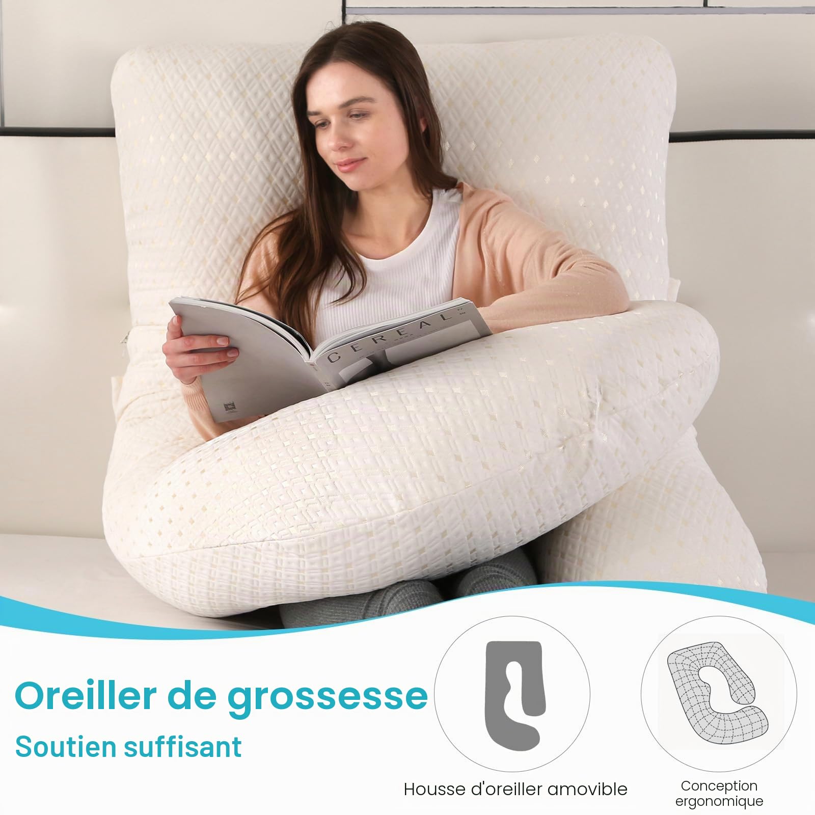 GKXLH Oreiller de grossesse doux – Oreiller de grossesse pour soutien du dos, du ventre, des hanches, des jambes, oreiller de maternité en forme de J pour femme enceinte avec housse amovible (blanc)