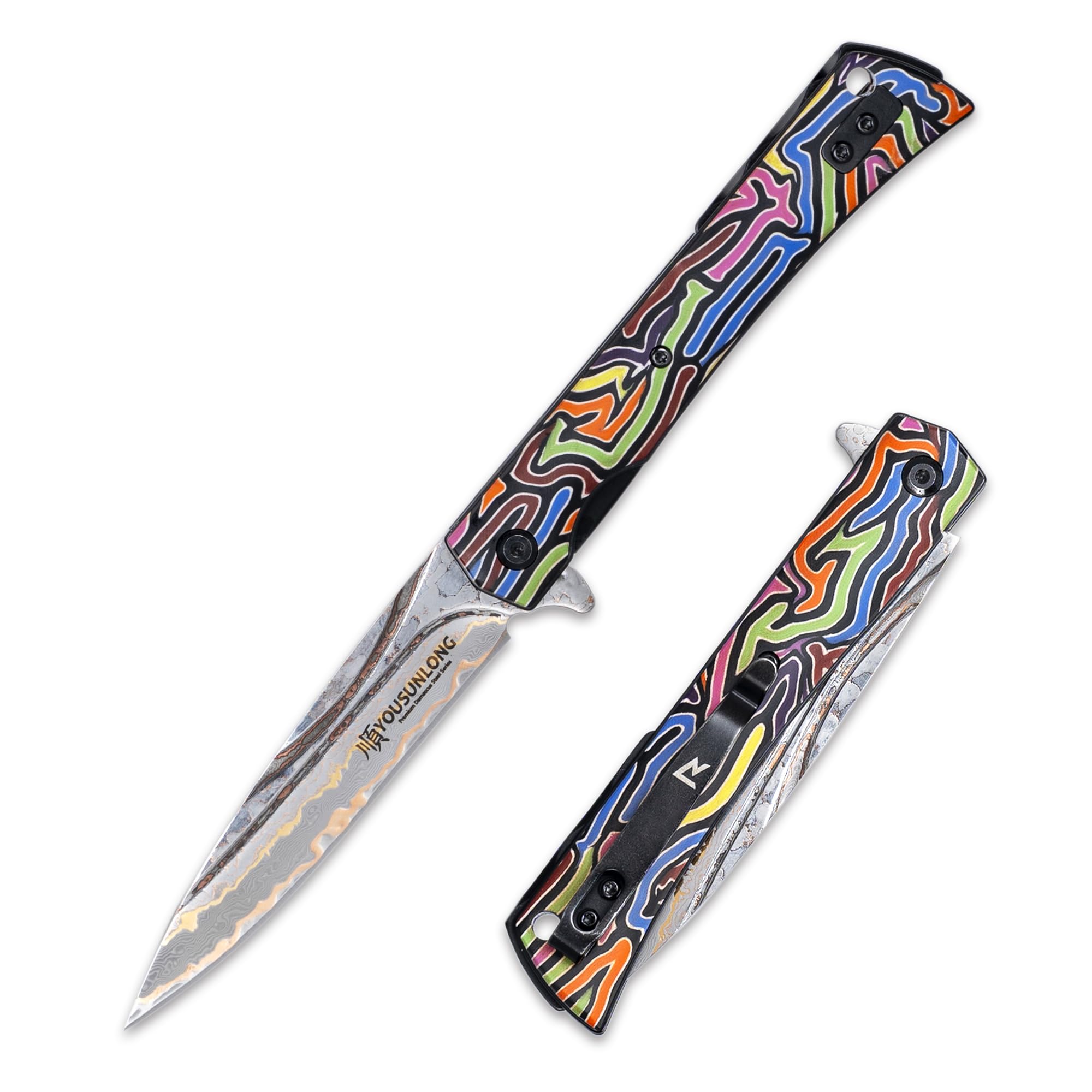 YOUSUNLONG Coltello pieghevole da campeggio da 215 mm - Lama in acciaio damasco CuMai - Rivestimento del manico in G10 multicolore
