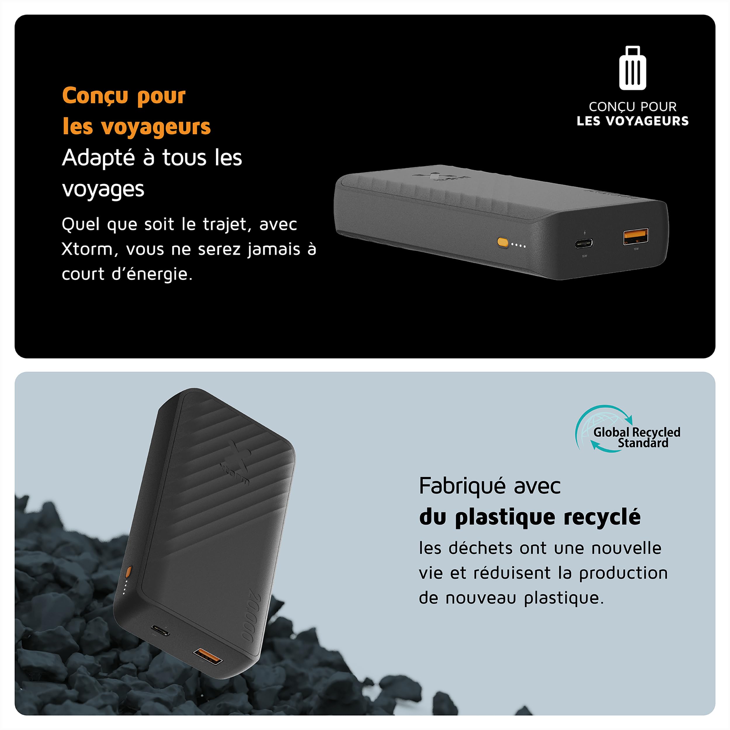 Powerbank Xtorm Go2-20 000 mAh - 1x USB-A - 1x USB-C - Batterie puissante - Batterie Portable pour iPhone et Samsung - Technologie Durable - Charcoal Black