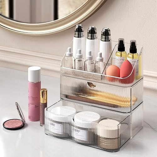 Miniatura 2 de Organizador de botiquín de 3 niveles, apilable para espejo de baño, pequeños organizadores de maquillaje con 2 cajones y 1 bandeja para gabinete de