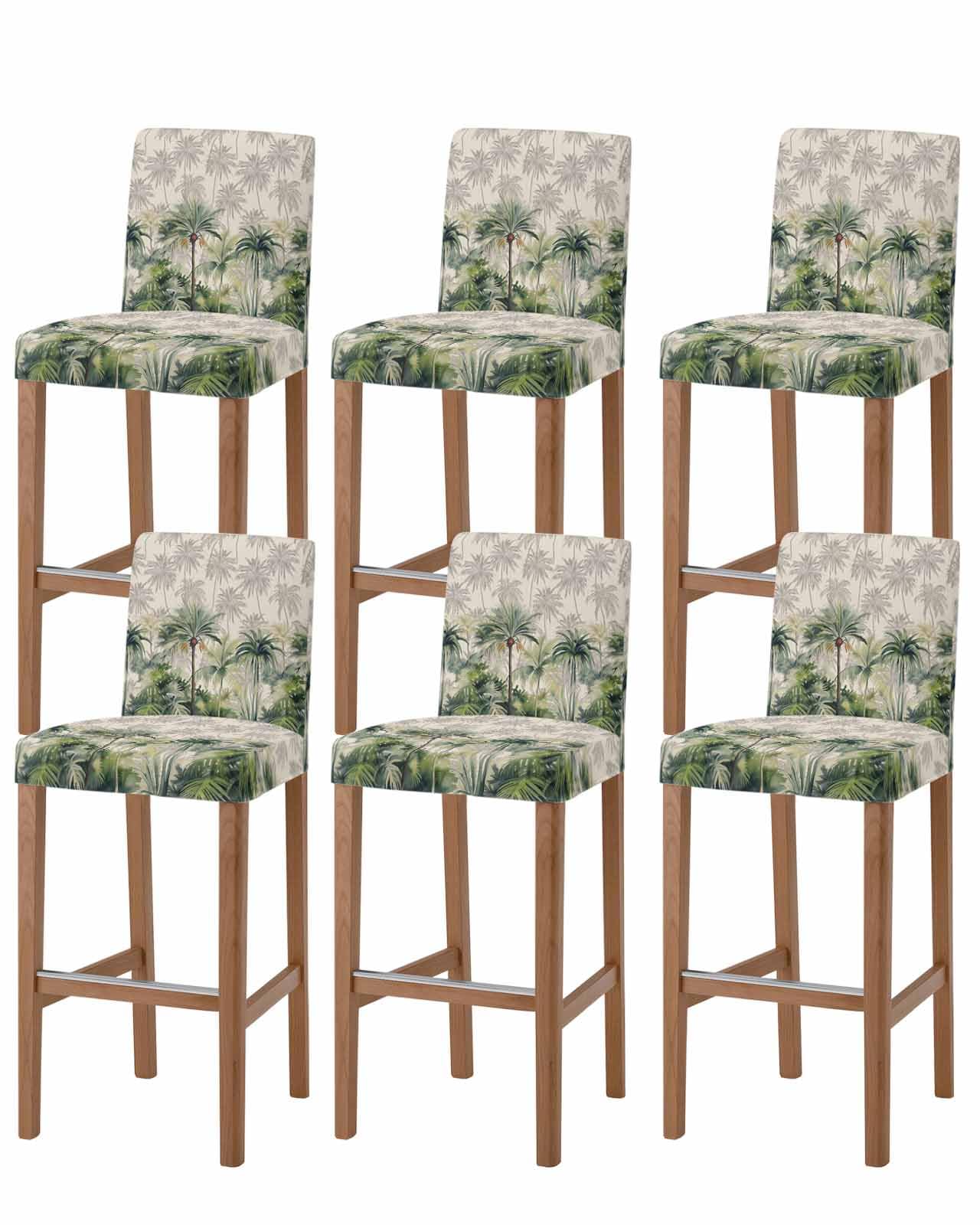 Tropical Palm Bar Stool Chair Covers Set of 6 with Back,Stretch Barstool Slipcovers Washable,Retro Green Coconut Plant Tree Summer Farmhouse Pub Counter Height/Swivel/Cafe/Dining Room Seat Cover