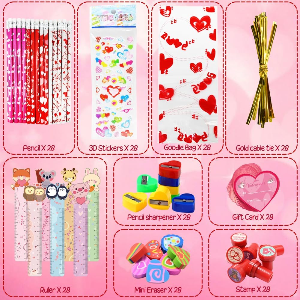 28 Pack Stationery Gift Set, Include Pencil Eraser Sharpener Ruler Stamper Foam Sticker Greeting Card for Kids School Classroom Prize image 2