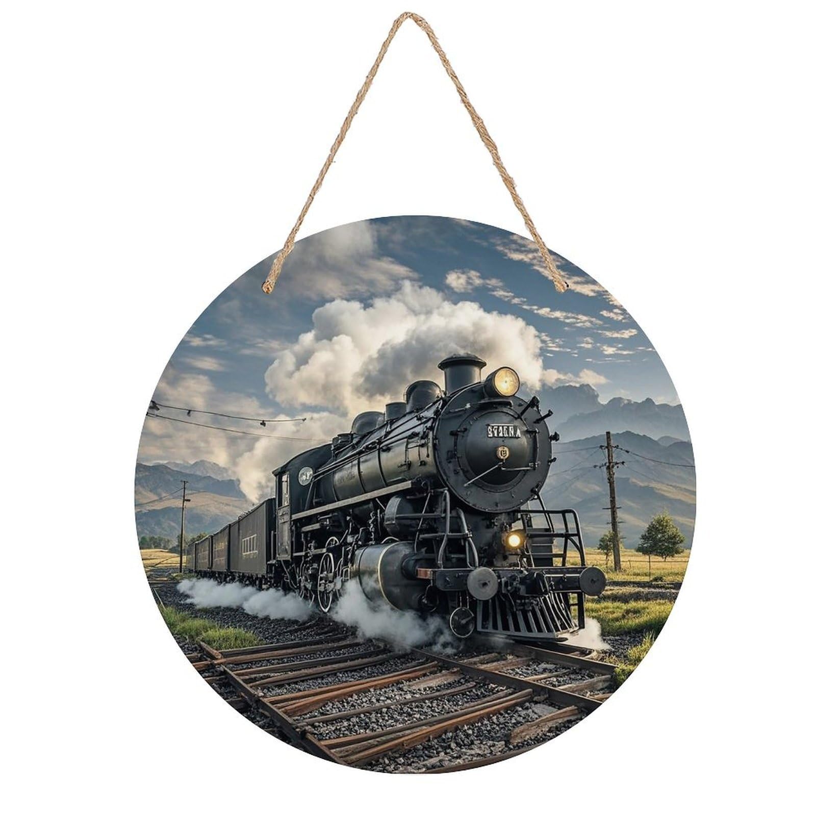 FekiLoot Steam Locomotive Train Wall Art Decor Round Wood Hanging Sign Decoration Wooden Circle Door Sign Round Hanging Decorative Wood Plaque Door Hanger for Home Outdoor Indoor Decoration