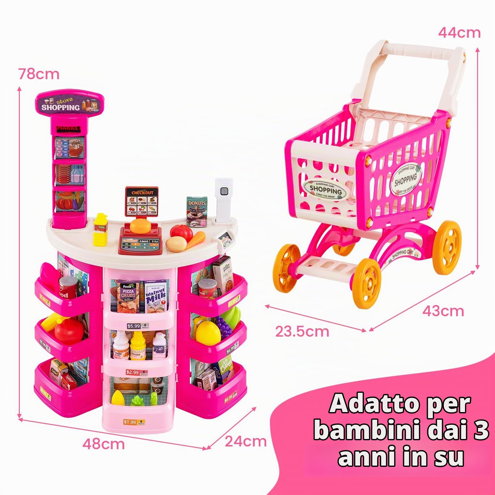 HOMASIS Supermercato Giocattolo per Bambini con Carrello della Spesa e 29 Accessori, Negozio di Alimentari con Luci e Suoni, Cassa, Bilancia e Scanner, Banco per Bambini dai 3+ Anni (Rosa)