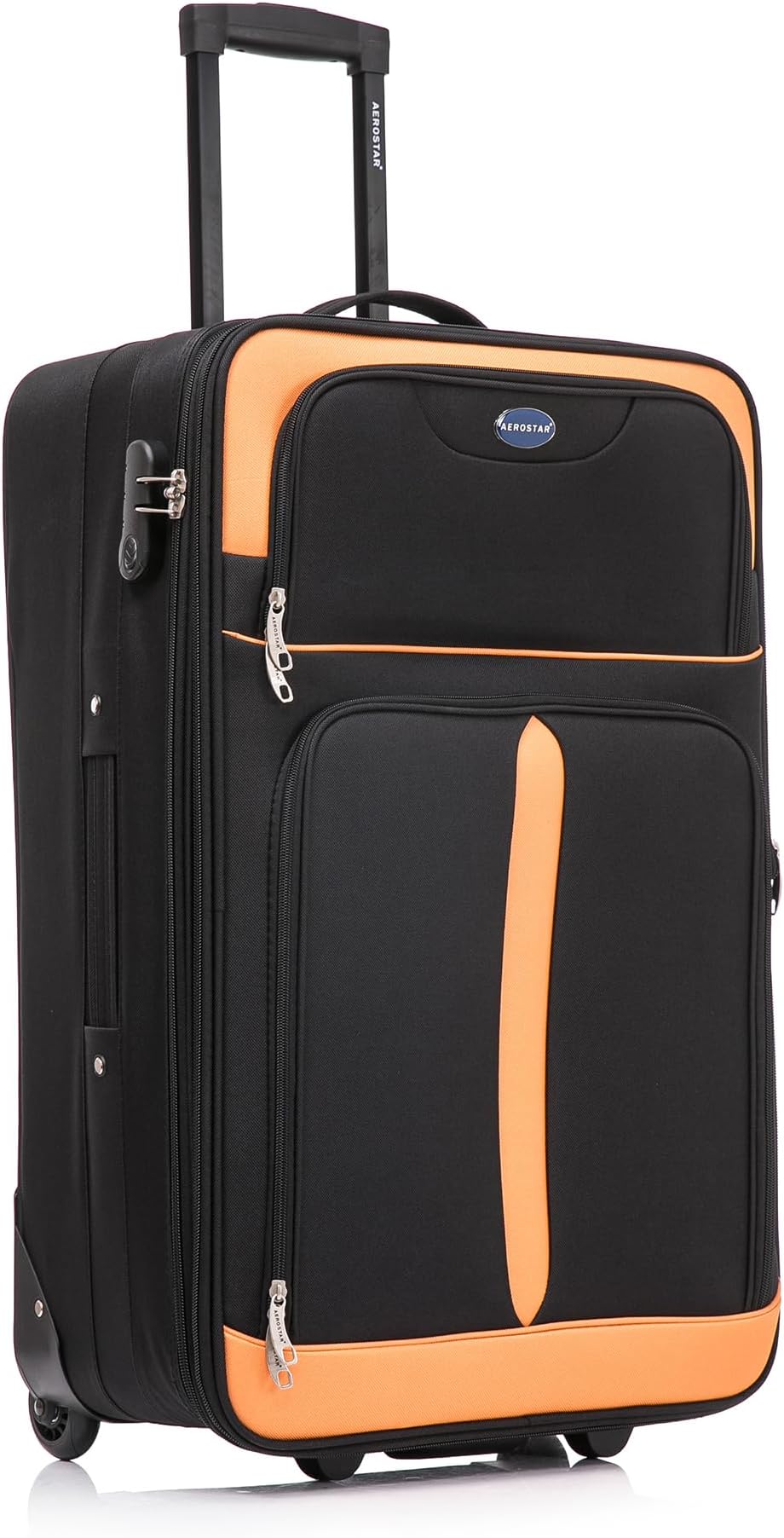 Medium 26” Lightweight Softshell Expandable Suitcase, Check in Luggage 2 Corner Wheels with Integrated Combination Lock (Black/Orange, 70 litres)
