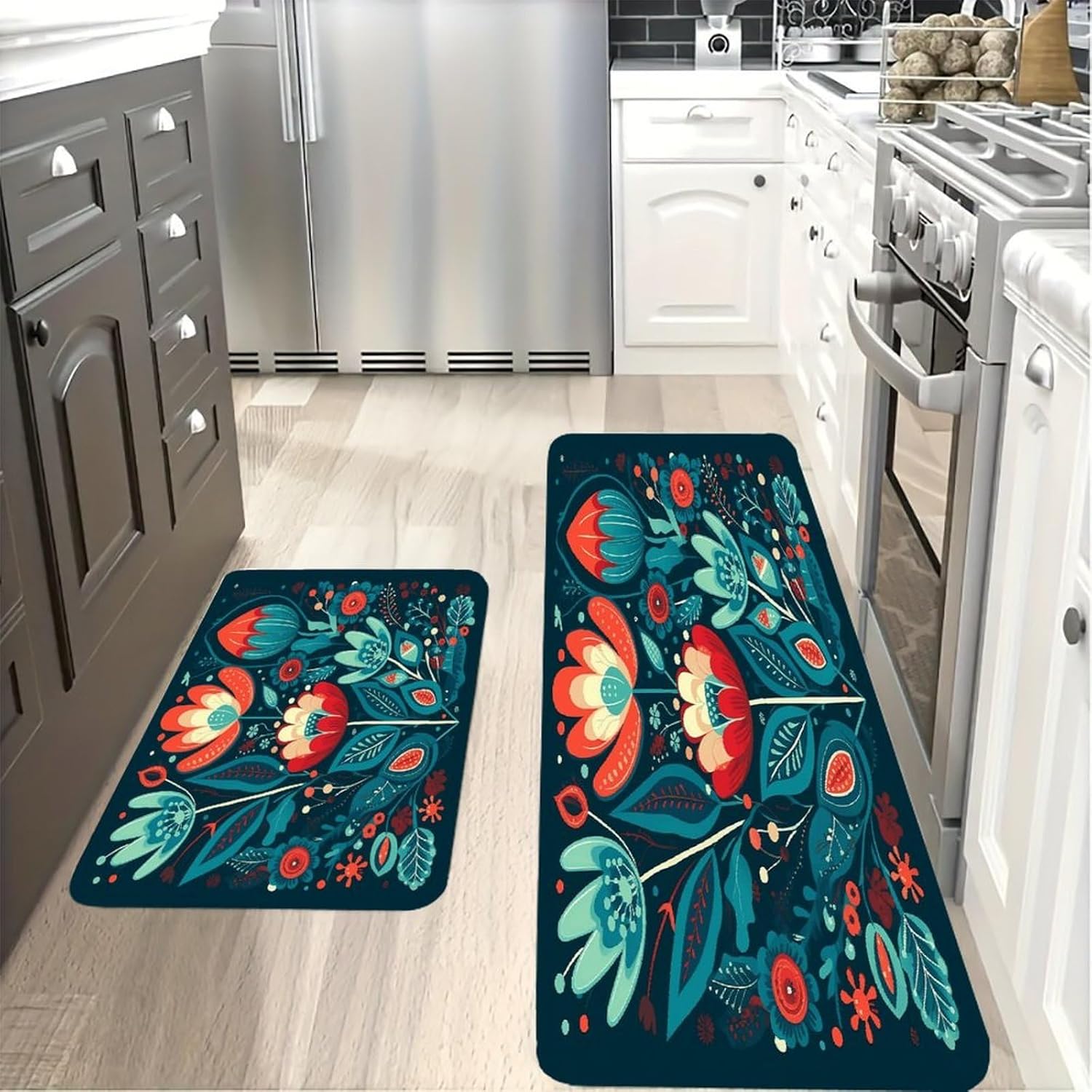 Folk Blue Flowers Kitchen Mats with 2PCS Non-Slip Washable,Kitchen Rug Heavy Duty Durable, Floor Mats for Kitchen,Office,Sink,Laundry