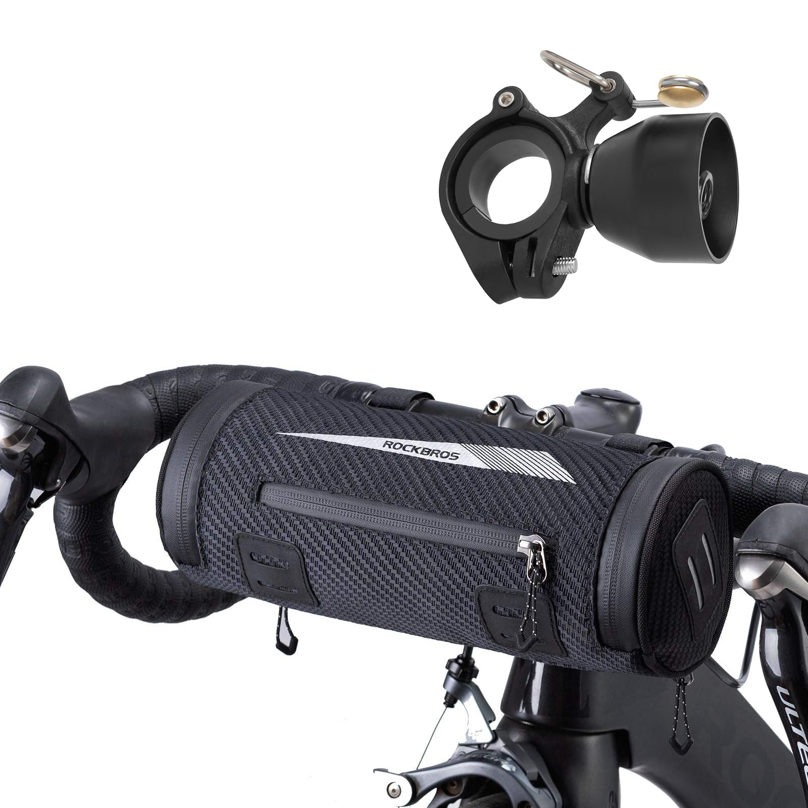 ROCKBROS Borsa Bici Manubrio 2L + Campanello Bici Mini, per 22,2-31,8mm | Idrorepellente Riflettente Design Portatile con Tracolla + 90dB Installazione Semplice per Bici da Corsa e MTB