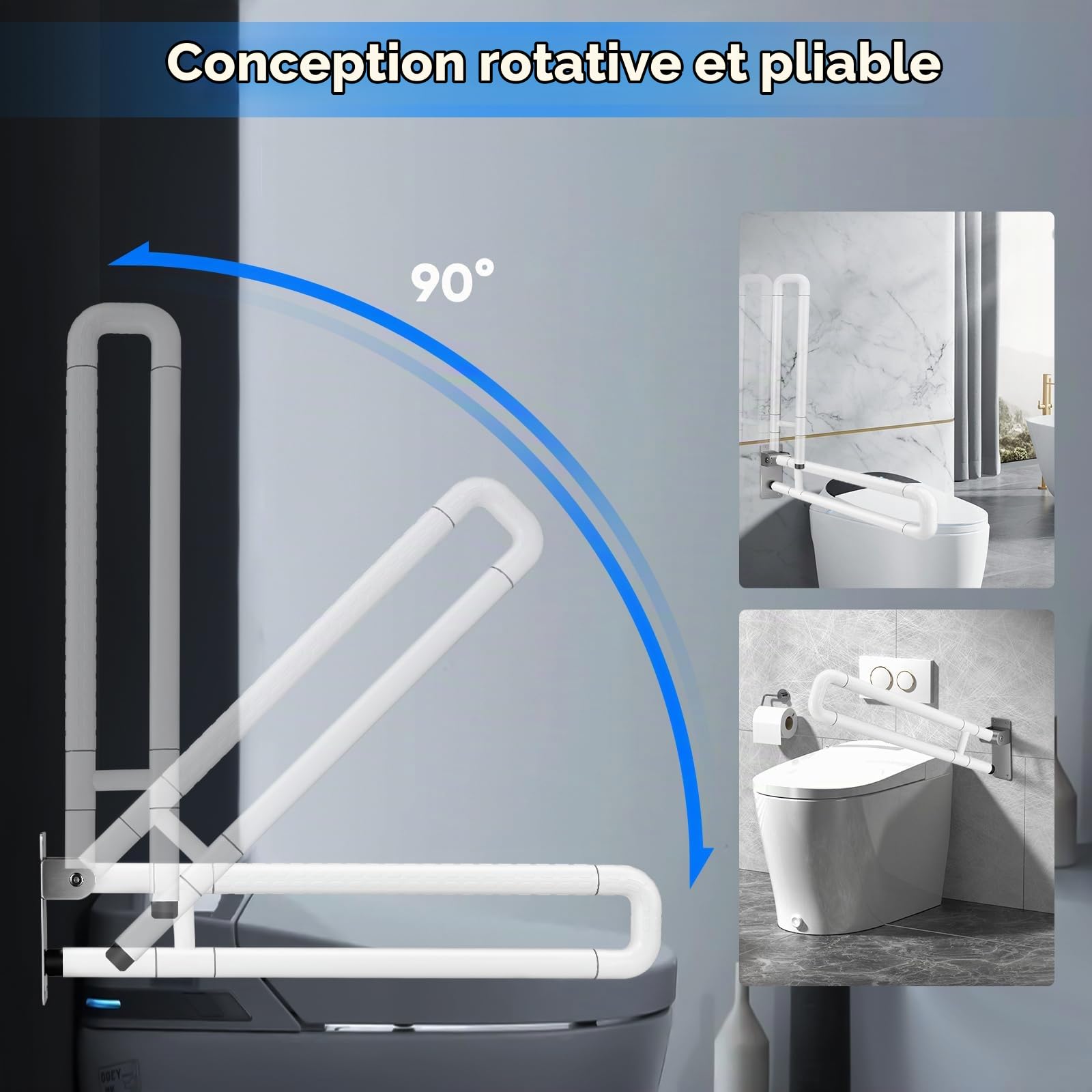 75cm Barre D'appui WC, Barre Toilette Handicapé, Charge portante 300-350kg, Barre D'appui de Salle de Bain en Acier Inoxydable avec 6 Cercles Lumineux pour Handicapé,Âgé,Enceint (White, 75cm)