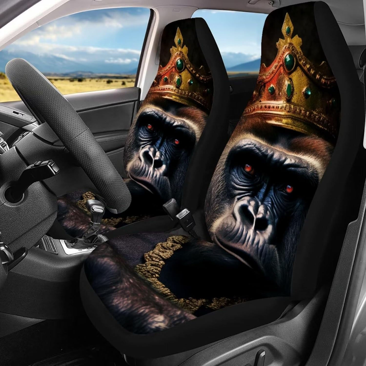 Gorilla with Crown Print Seat Covers for Car Interior Durable Universal Fit Animal Car Seat Cover Full Set Truck SUV Sedan Van Seat Protector Car Accessories Black