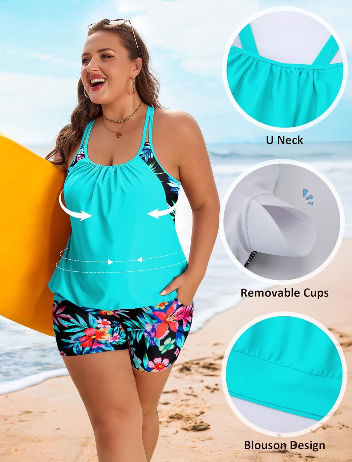 Arolina Tankini Swimsuits for Women Modest Two Piece Blouson Bathing Suit Tank Top with Boy Shorts Pockets (S-24W)