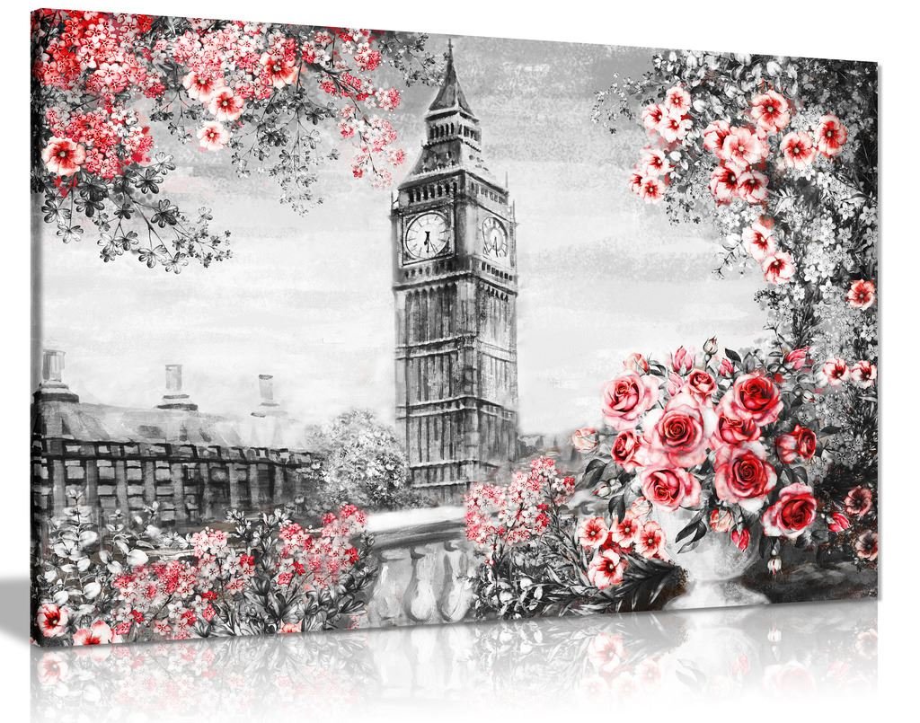 Panther Print White & Red Roses London Oil Painting Black White Red With Roses Canvas Wall Art Picture Print (18X12)