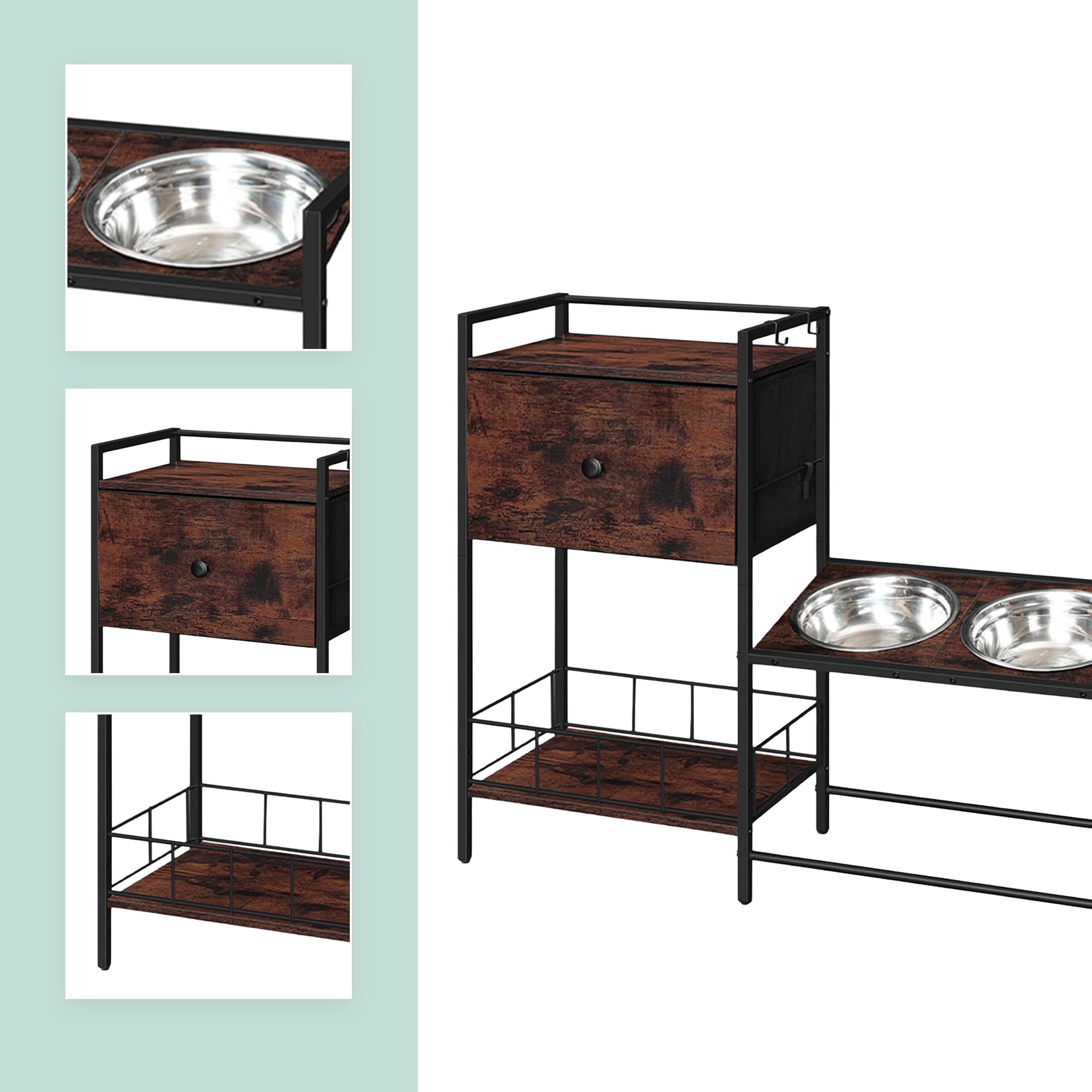 Relaxdays Comedero Elevado para Perros con 2 Cuencos de INOX, almacenaje, 76×90×27 cm, Armario Industrial marrón