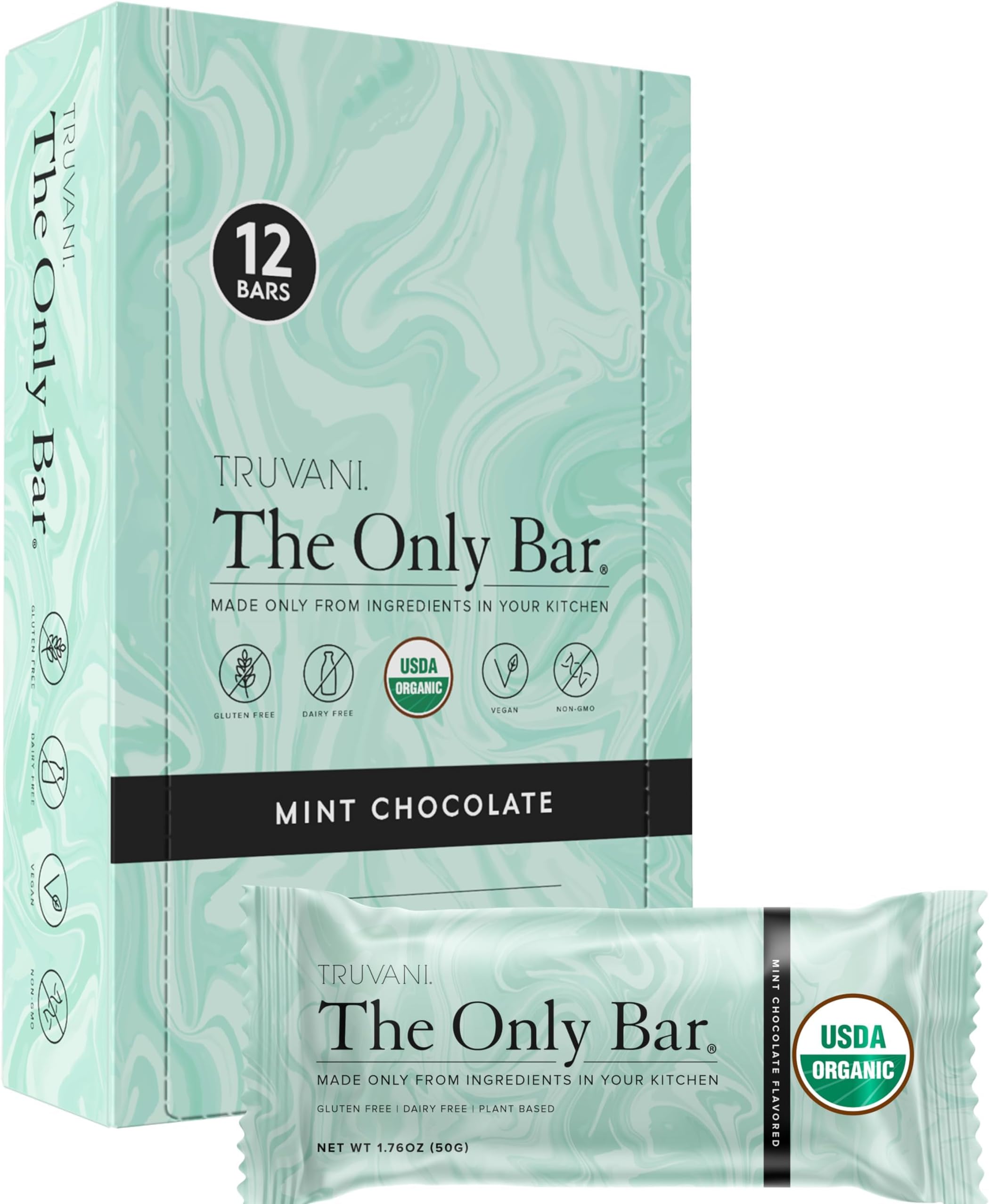 Truvani Plant Based Snack Bars | Chocolate Mint 12 Pack | 7g Protein | USDA Organic and Vegan | The Only Bar | Dairy, Soy, and Gluten Free | Individually Wrapped
