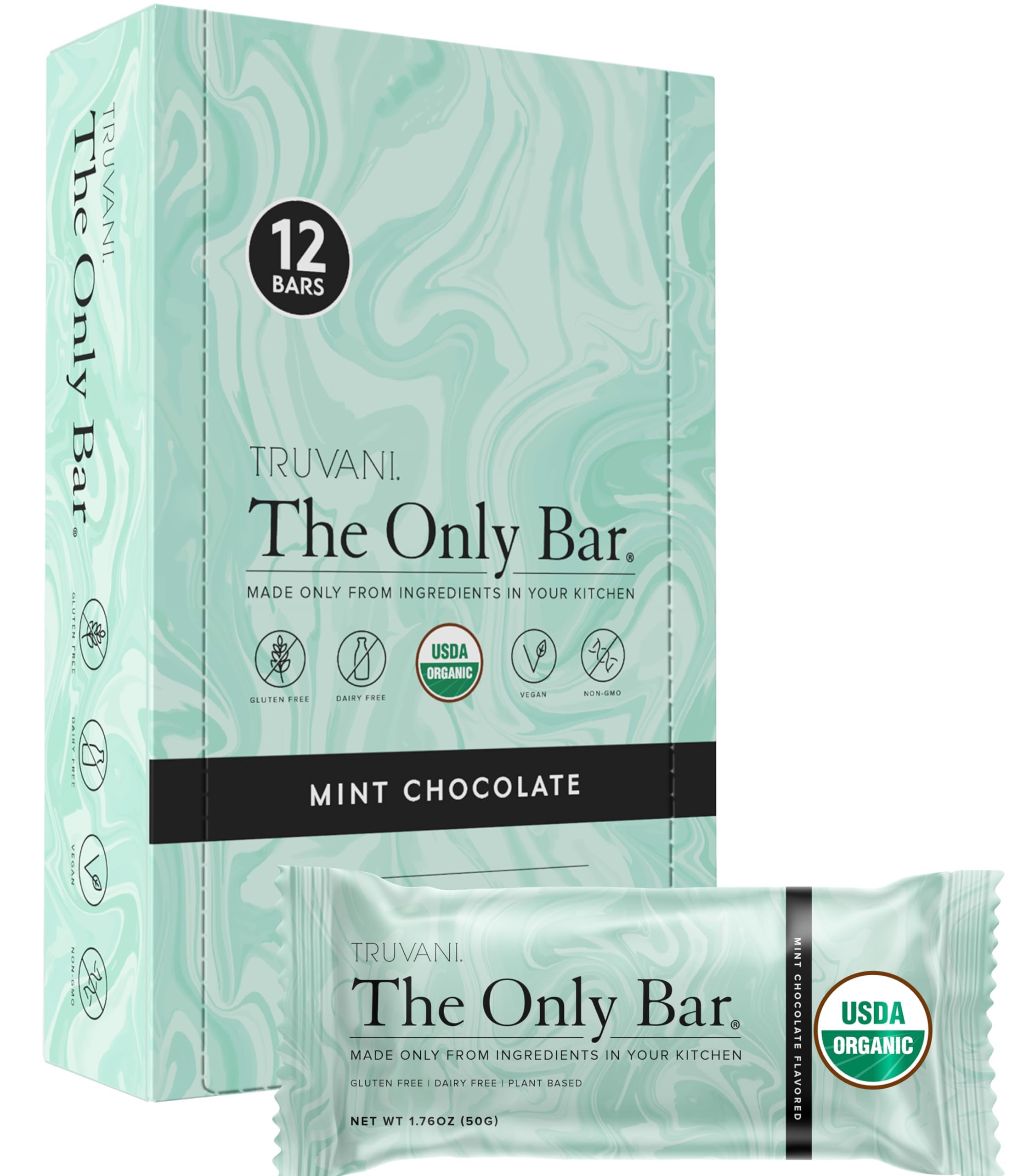 Truvani Plant Based Snack Bars | Chocolate Mint 12 Pack | 7g Protein | USDA Organic and Vegan | The Only Bar | Dairy, Soy, and Gluten Free | Individually Wrapped