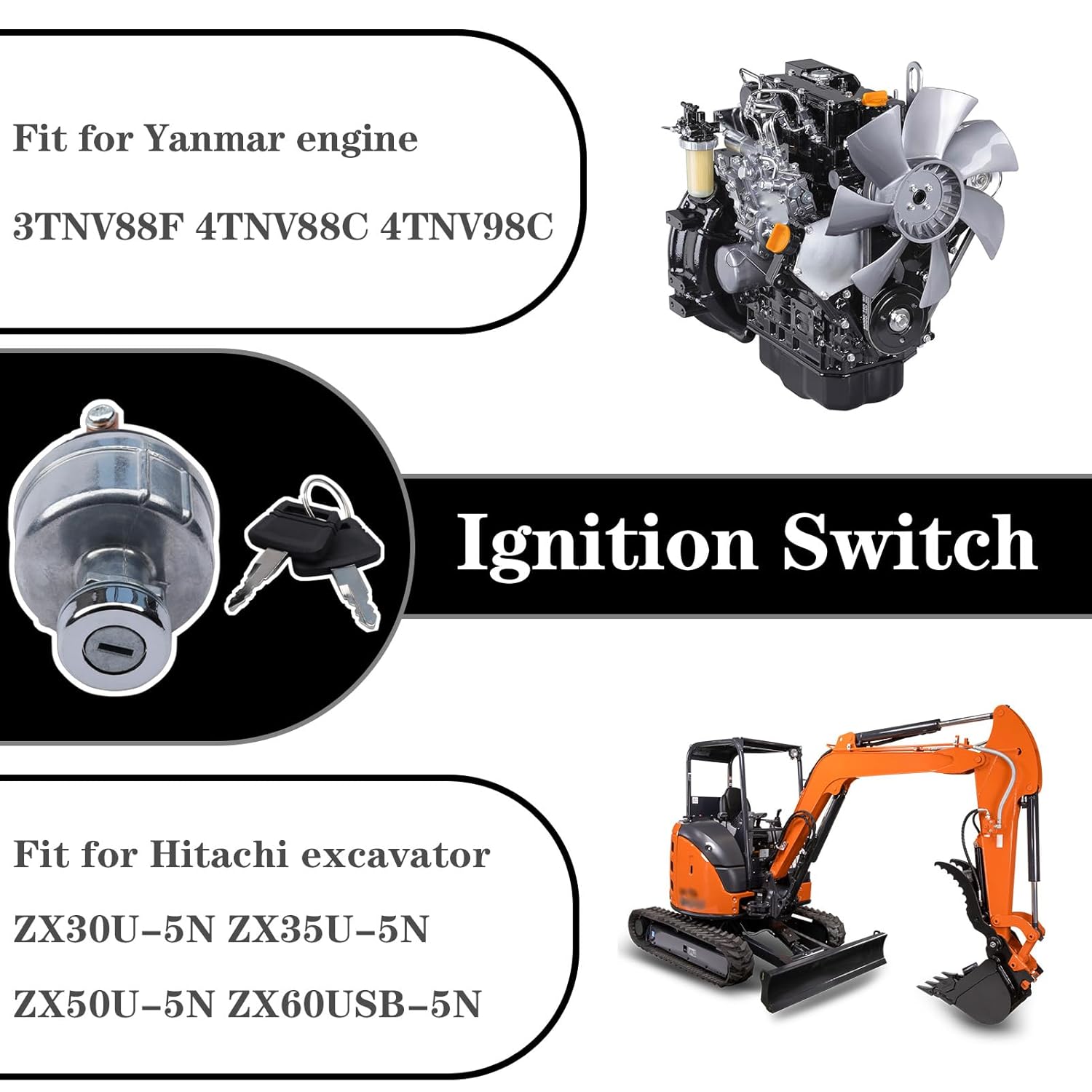 Ignition Switch Fit for John Deere 30G 35G 50G 60G PC4 PC7 PC10 30P 35P 50P 60P Yanmar 3TNV88F 4TNV88C 4TNV98C, Replace FYD00005609, w/2Keys(Black, not Yellow)