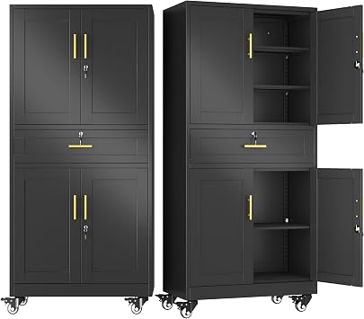 winiowa 71" Tall Metal Garage Storage Cabinet with Wheels and Locking Doors, Locking Rolling Tool Cabinet with Drawer and 3 Adjustable Shelves for Garage,Home,Office Black