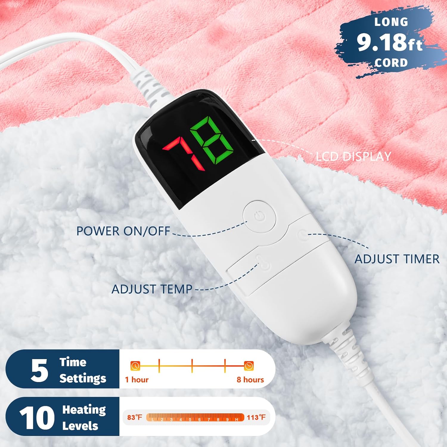 BOMOVA Heated Electric Blanket Full Size - 72" x 84" Heating Blanket with 10 Heating Levels & 8 Hours Auto Off, Warm Flannel Blanket, Christmas Birthday Gifts for Women Light Pink Full