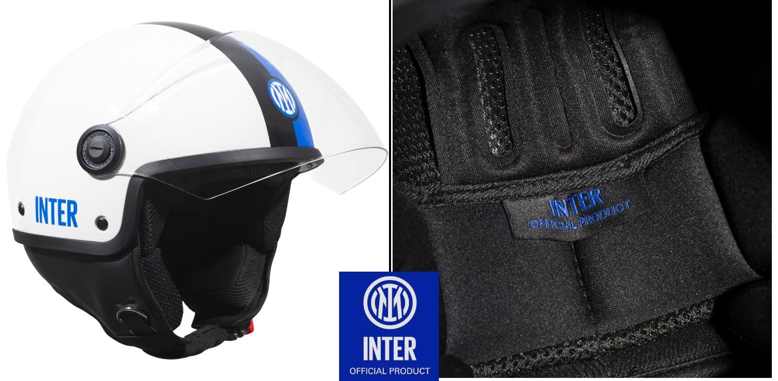 Tucano Urbano casco demi jet unisex EL'JETTIN INTER. Casco moto in policarbonato con grafica originale Inter FC. Casco estate inverno omologato ECE 22.06. Prodotto con Licenza Ufficiale.