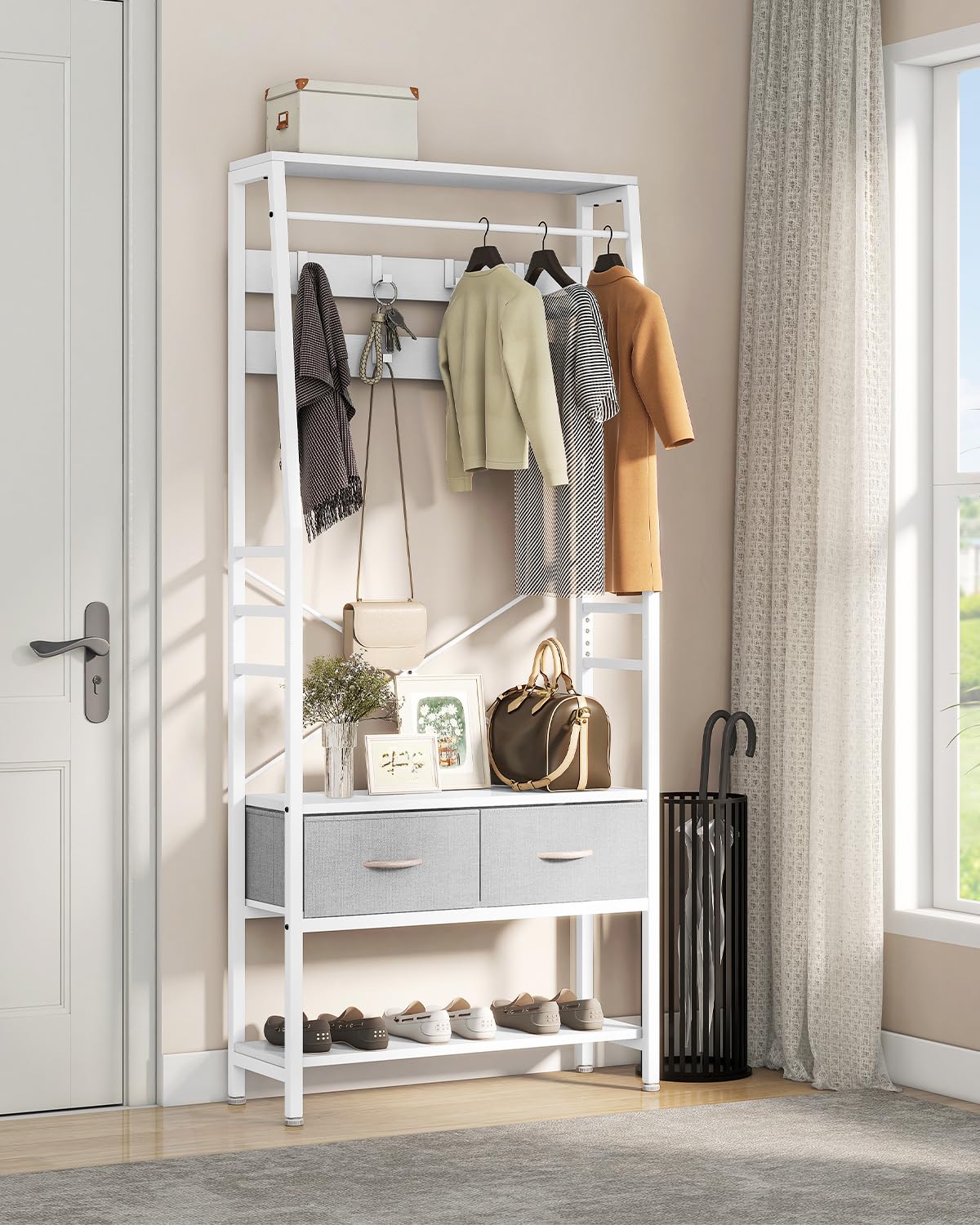 YITAHOME Porte-manteau avec rangement à chaussures, arbre d'entrée autonome avec banc et 2 tiroirs pliables, porte-manteaux industriel avec 8 crochets pour couloir, cadre en métal, Blanc