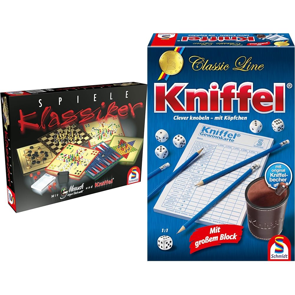 Schmidt Spiele 49120 Spiele Klassiker, Spielesammlung, 2 bis 6 Spieler & 49203 Kniffel, Classic Line, mit großem Block, mit original Kniffelbecher