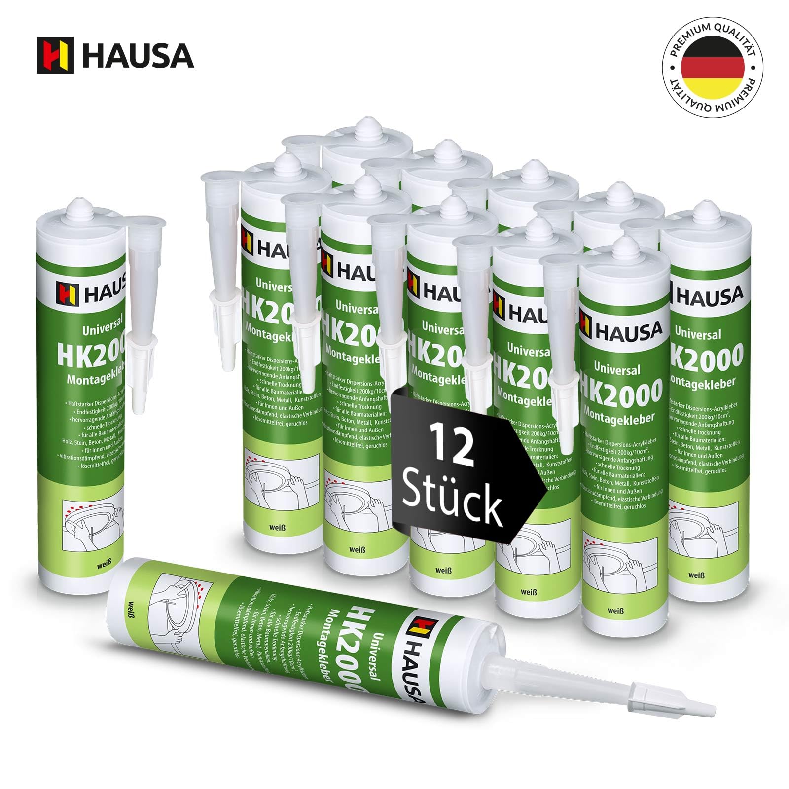 HAUSA Colle de montage universelle HK2000 Colle acrylique à dispersion adhésive Idéale pour les supports poreux à l'intérieur et à l'extérieur Résistance finale 200kg/10cm² 12x 310ml Blanc