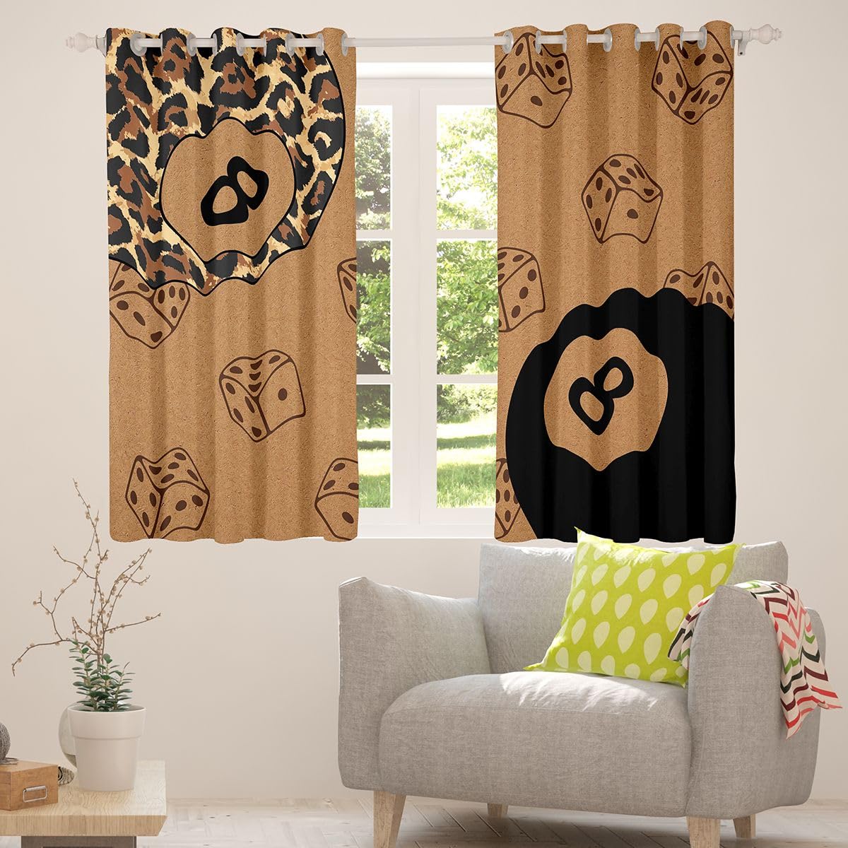 Homewish Funky Y2K modne zasłony okienne, 117 x 137 cm, 2 zestawy paneli – lampart szczęście 8 kul zasłony zaciemniające retro lampart nadruk geparda zasłony okienne księżniczka moda kości