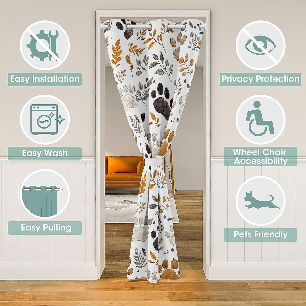 Manfei Cortina opaca con estampado de huellas de dibujos animados y plantas botánicas en acuarela para dormitorio, puerta, sala de estar, cortina rústica para puerta de granja, decoración de