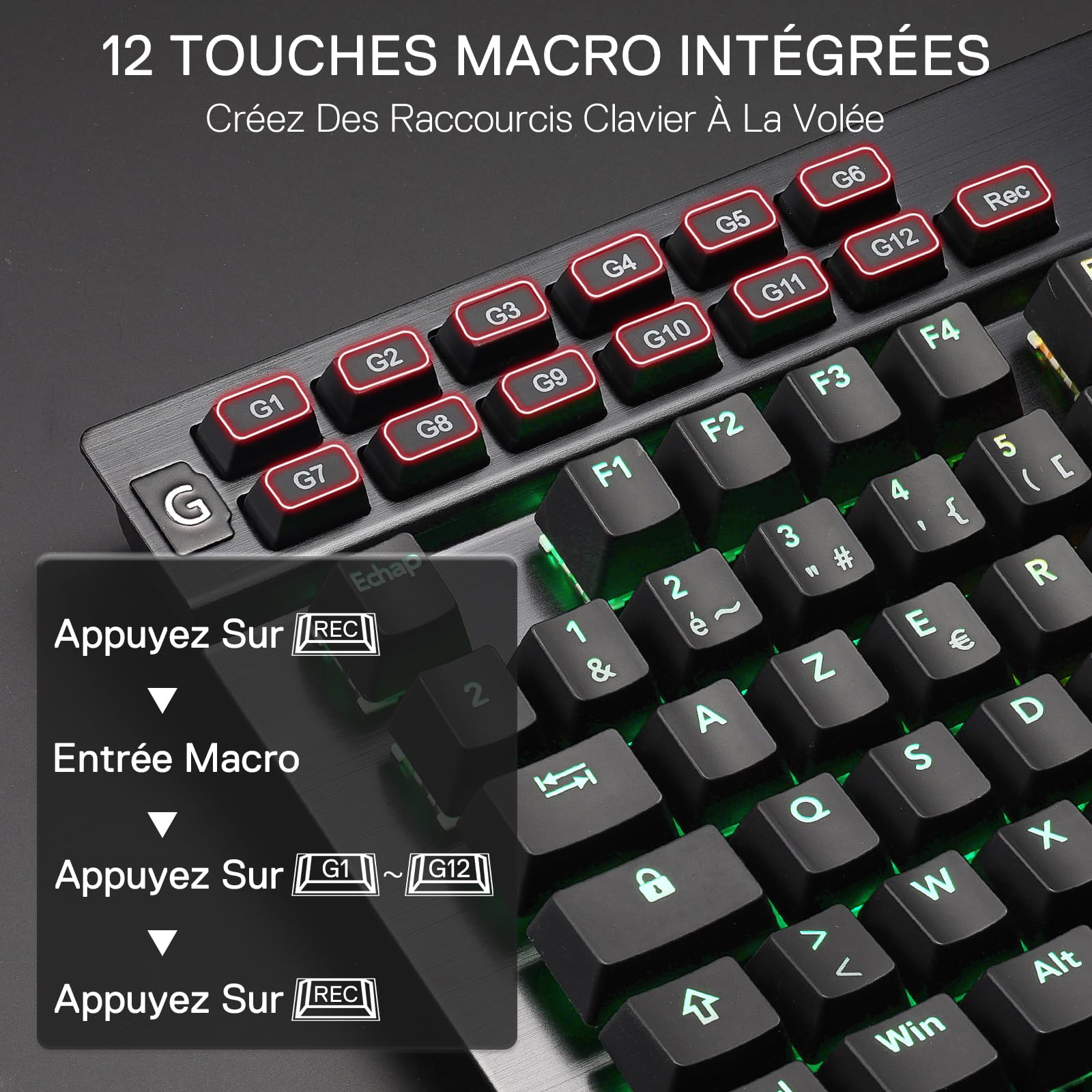 Redragon K550 Clavier Mécanique Filaire AZERTY RGB 12 Touches Macro | Switch Violet Cliquable 2 Ports USB Intégrés Repose Poignet Amovible 104 Touches Anti Ghosting Ergonomique
