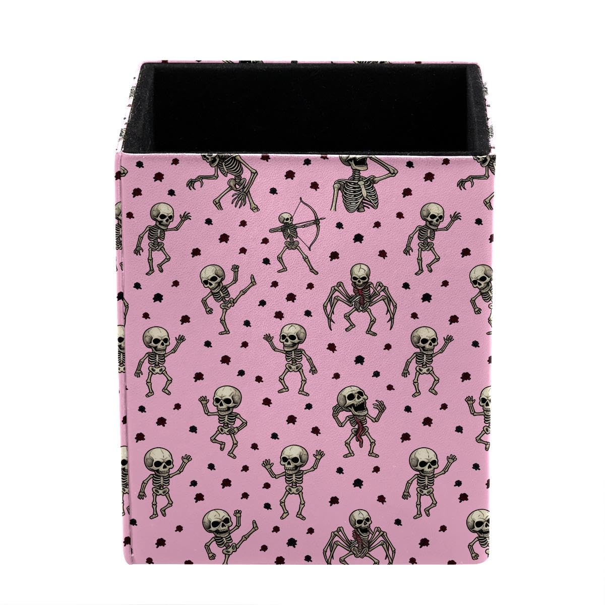 HEOEH Skeletons Pen Holder Pen Pot, Square Pencil Cup for Desk