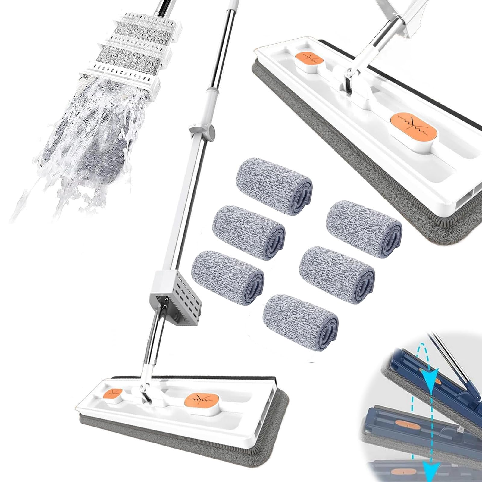 SACLI Adjustable Stainless Steel Long Handle with 6Washable Microfiber Pads for Floors, the wall, Window (White,Mop+6Pads)