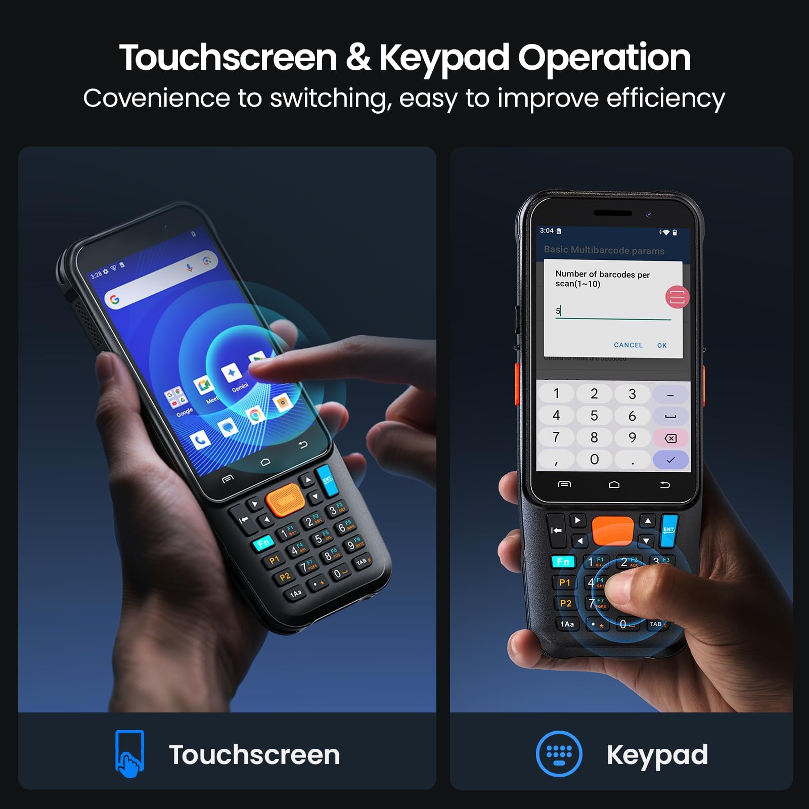 Eyoyo Kabelloser Android-Barcode-Scanner: Aktualisierter Android 15 Handheld-Mobilcomputer-PDA mit WLAN, Bluetooth, Mobilfunk, 4" Touchscreen & Tastatur, GPS, 1D/2D/QR-Code-Lagerscanner.