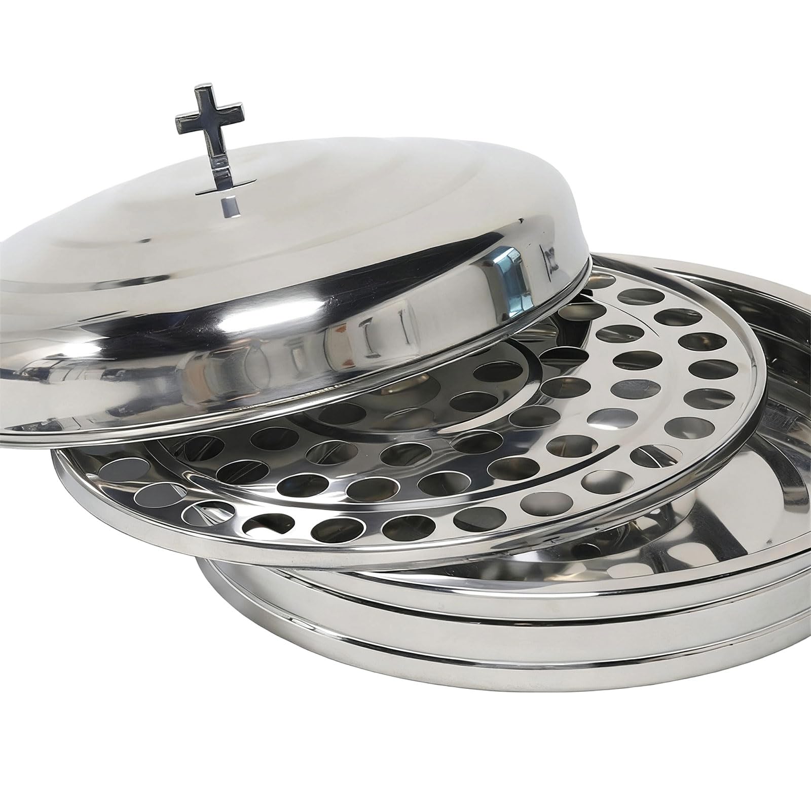 Vassoio in acciaio inox per comunione, design a 72 fori con coperchio, grande capacità, per servizi religiosi, forniture in acciaio inox