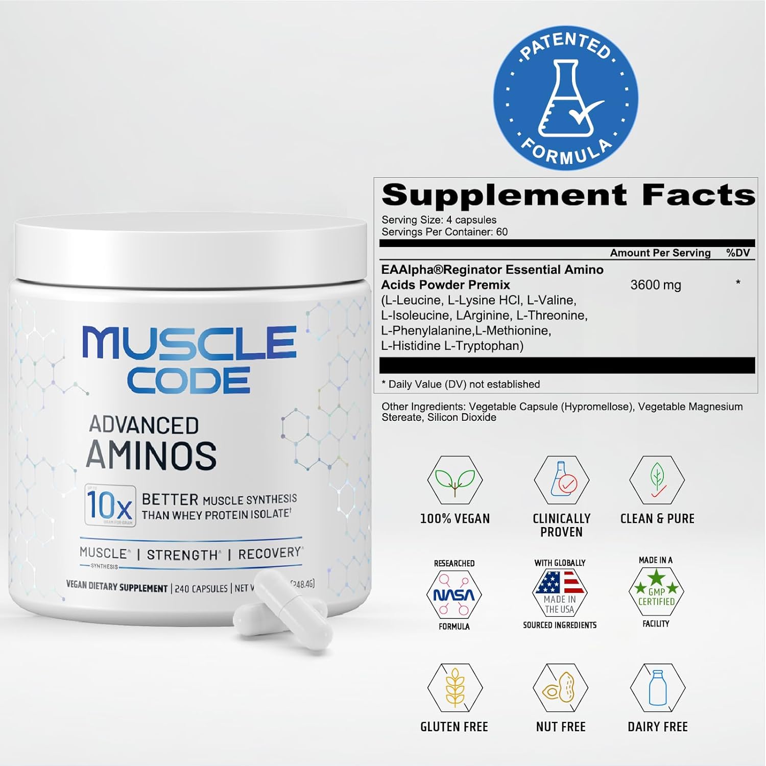 NAUTILUS Muscle Code Essential Amino Acid Capsules – Muscle Synthesis & Recovery & Strength – Unflavored – 60 Servings – Clinically Studied – 0g Sugar, Keto, Vegan, Gluten Free, Dairy Free - Image 2