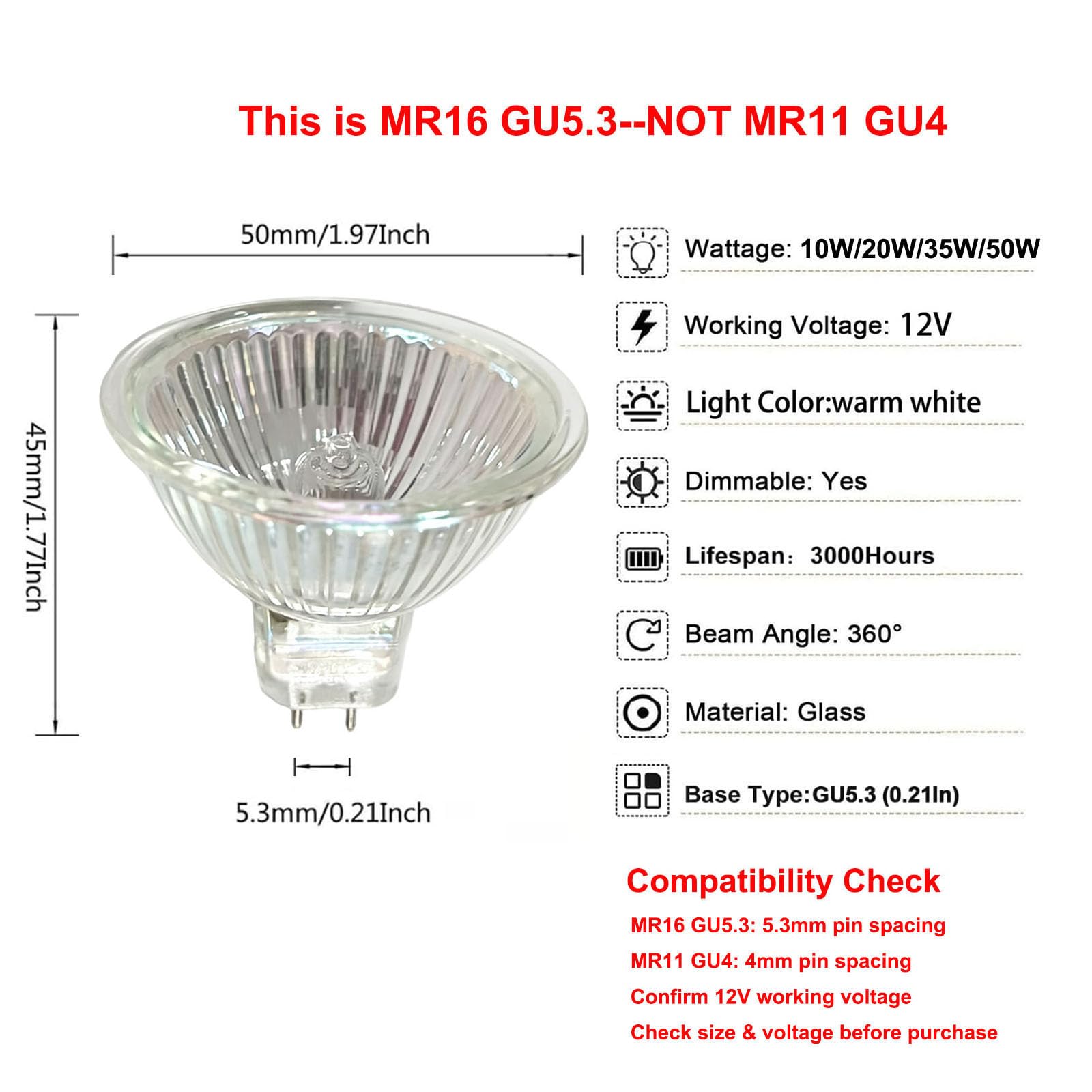 6PCS MR16 AC/DC 12V 10W Halogen Spotlight MR16 GU5.3 Deckenglühbirnen 2 Pin