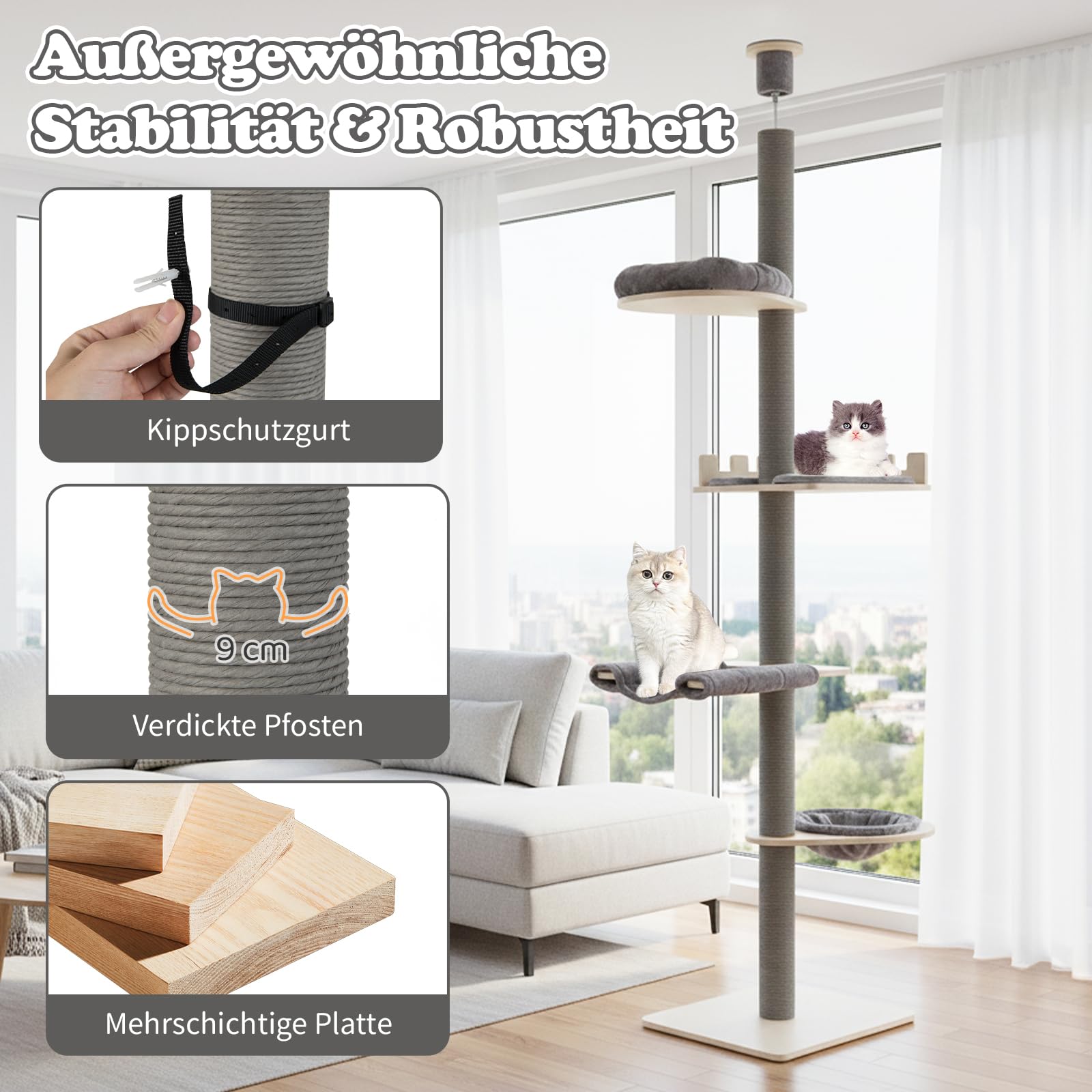 COSTWAY Kratzbaum deckenhoch, 236-271 cm, von Boden bis Decke, 5-stöckiger Katzenbaum, Dicke Stämme, Katzenkratzbaum hoch, Kletterbaum mit Hängematte & Korb & Bett, Katzen Katzenmöbel Holz, Grau