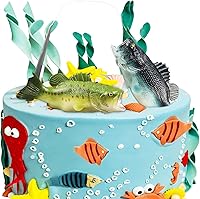 2 Pack Realistic Bass Fish Cake Toppers - Fishing Theme Birthday Party Decorations, Sturdy Plastic Toys by Macepason