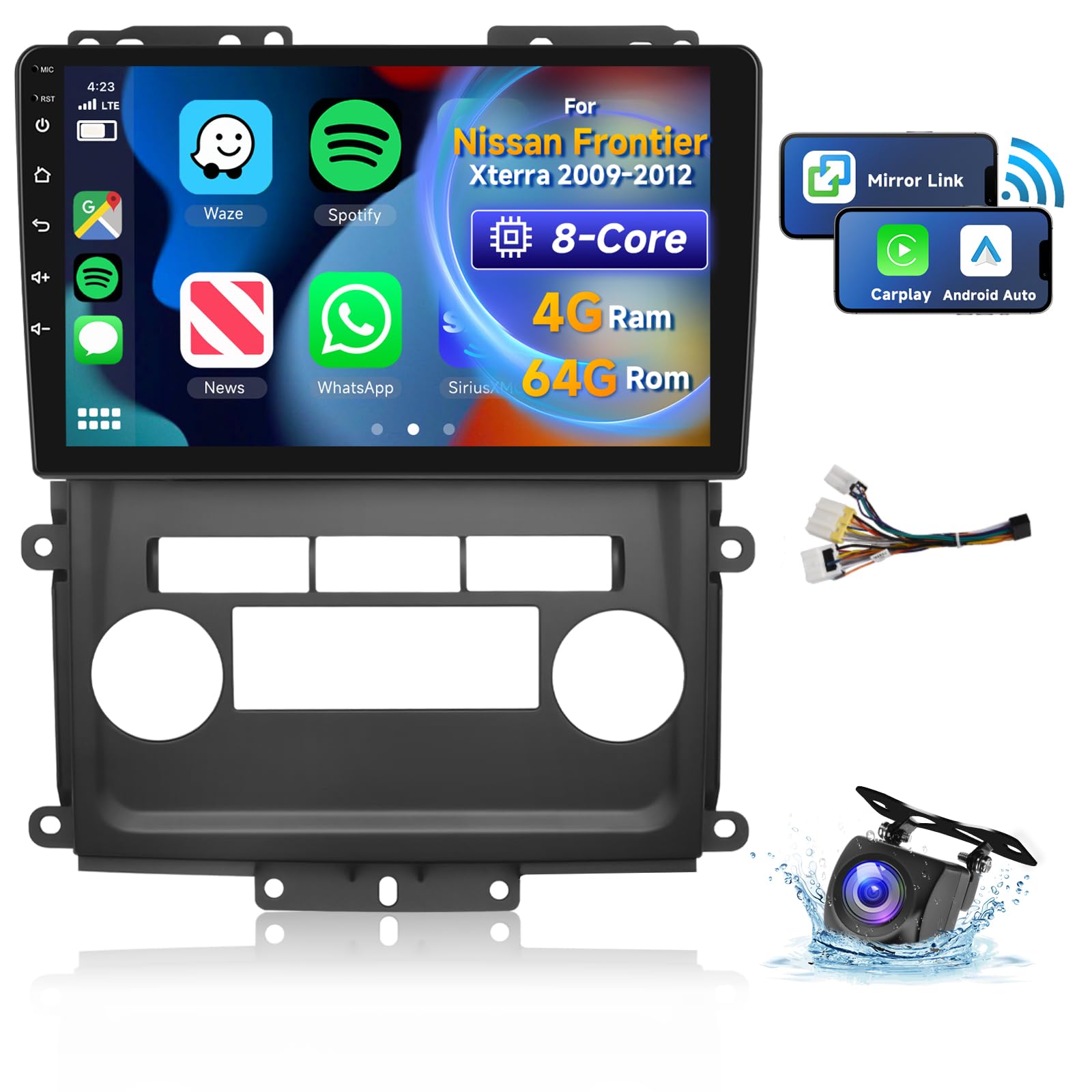 VECHTEL [8 CORE 4G+64G] Car Radio for 2009-2012 Nissan Frontier Xterra with Wireless Carplay/Android Auto, 9 Inch Android 13 IPS Touchscreen Car Stereo, Bluetooth, GPS Navi, WiFi, SWC, Backup Camera