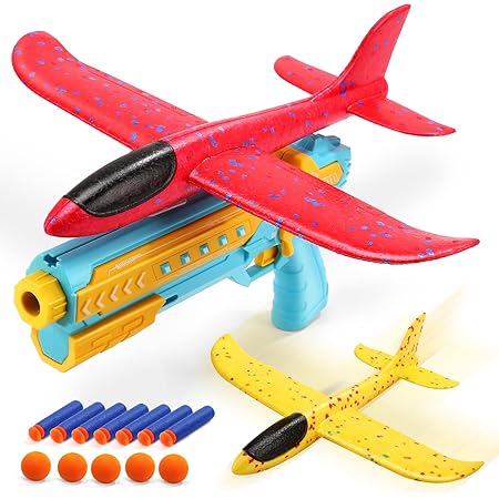 Amazon O Wowzon 4 In 1 飛行機 おもちゃ バブルカタパルト飛行機 手投げ ワンクリック排出 バブル飛行機ゲーム 2つの大型 飛行機 7 5スポンジ弾 子供向け 屋内と屋外向け 親子ゲーム プレゼント Wz05 的あて おもちゃ