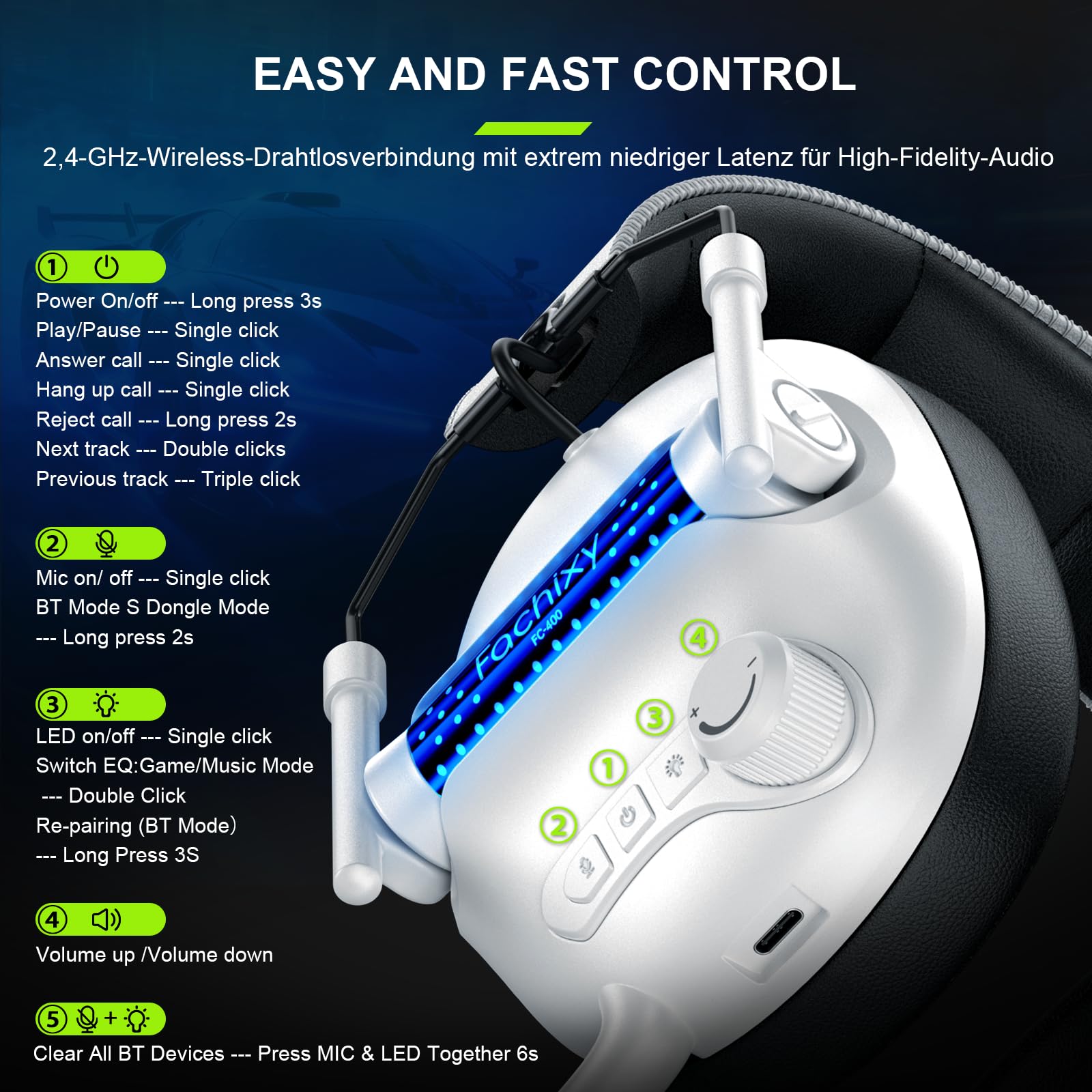 FC400 Gaming Headset Wireless Für Xbox Series X|S|One, PC, PS5, PS4, Switch, Mac, 2.4GHz & Bluetooth 5.4 Headset Kabellos mit Mikrofon, Geringe Latenz Noise Cancelling, Faltbar, 50H Akkulaufzeit