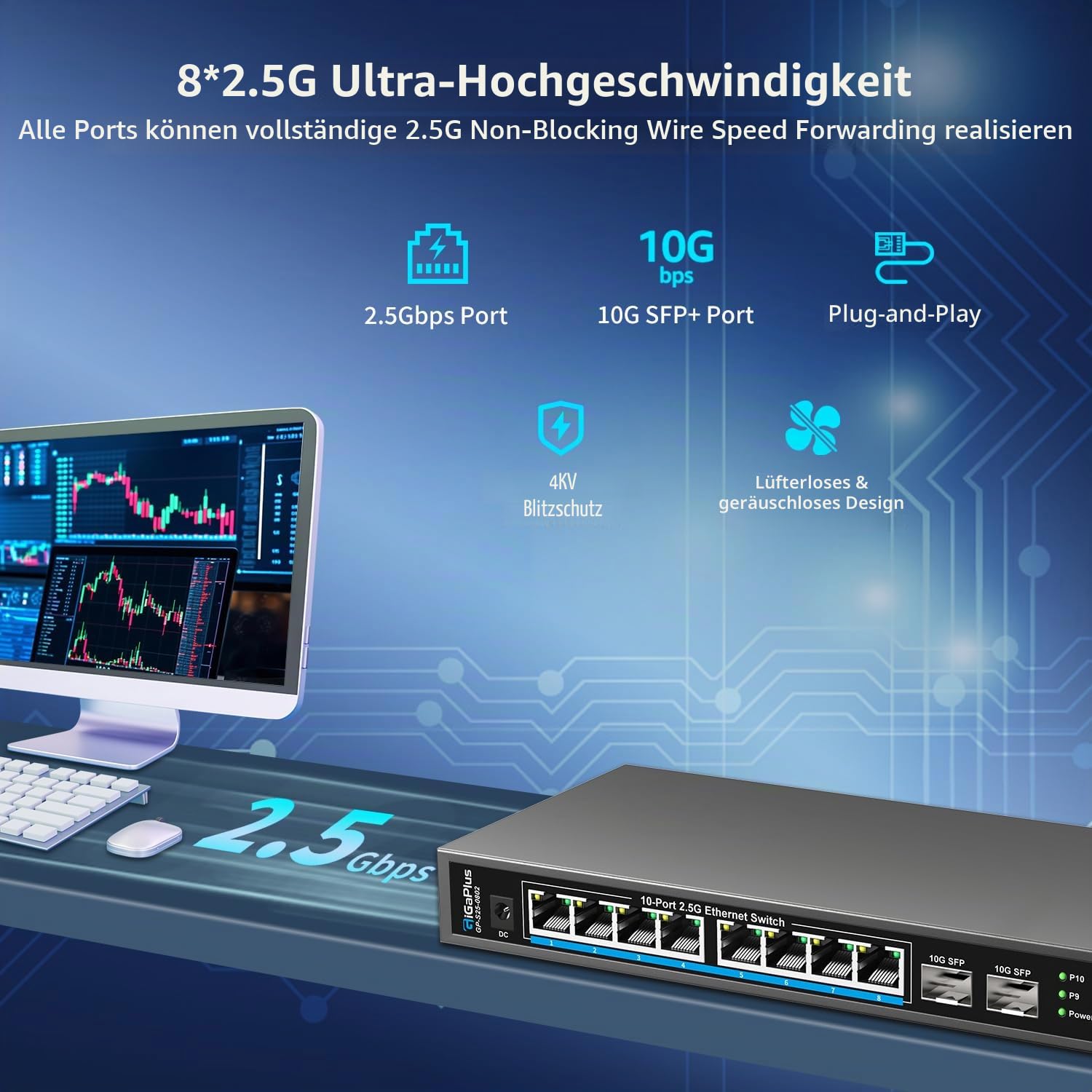 10 Port 2.5Gb Unmanaged Ethernet Switch mit 8* 2.5G Base-T Ports, 2* 10G SFP+ Ports. GiGaPlus 2.5Gbps Netzwerk Switch für 2.5Gbps NAS/PC, WiFi6 Router, Wireless AP. Lüfterloses Design, Plug and Play