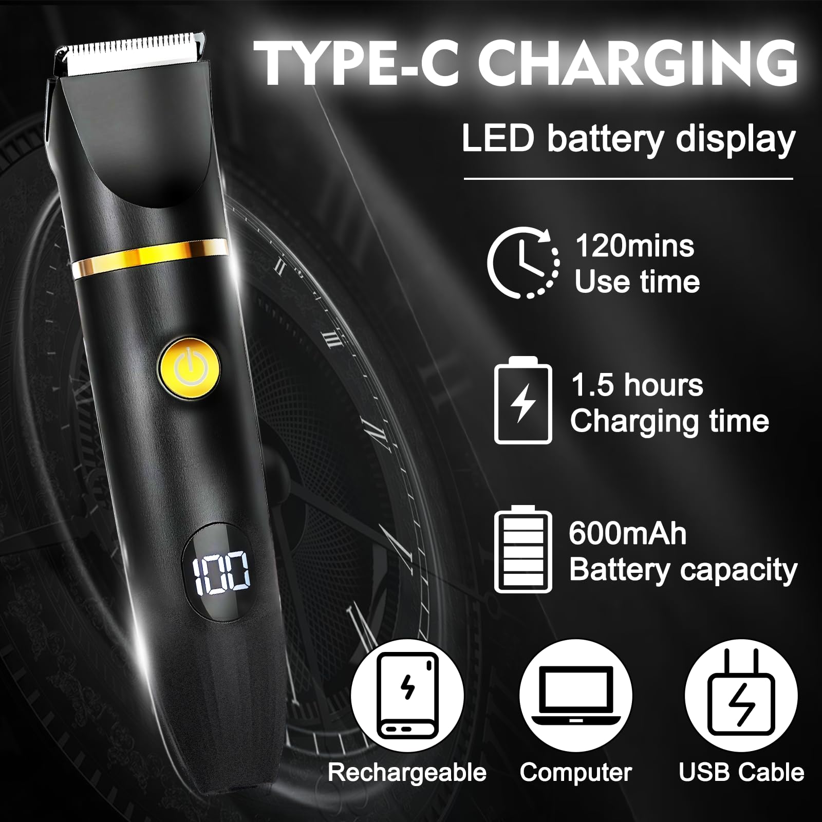 Rasoio elettrico 3 in 1 da uomo, indolore, versatile, ricaricabile tramite USB, con 3 teste, 3 pettini, kit rasoio elettrico impermeabile IPX6 con display digitale a LED, per la cura di barba, petto