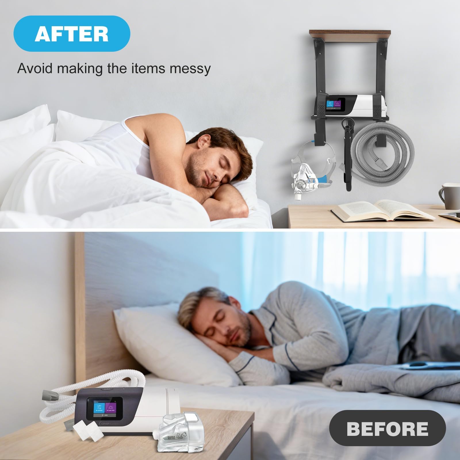 Upgrade CPAP Wandhalterung für ResMed AirSense 10 & 11 | 2-Ebenen-Organizer mit Schlauchhalter & Maskenhaken | Platzsparende Nachttisch-Alternative