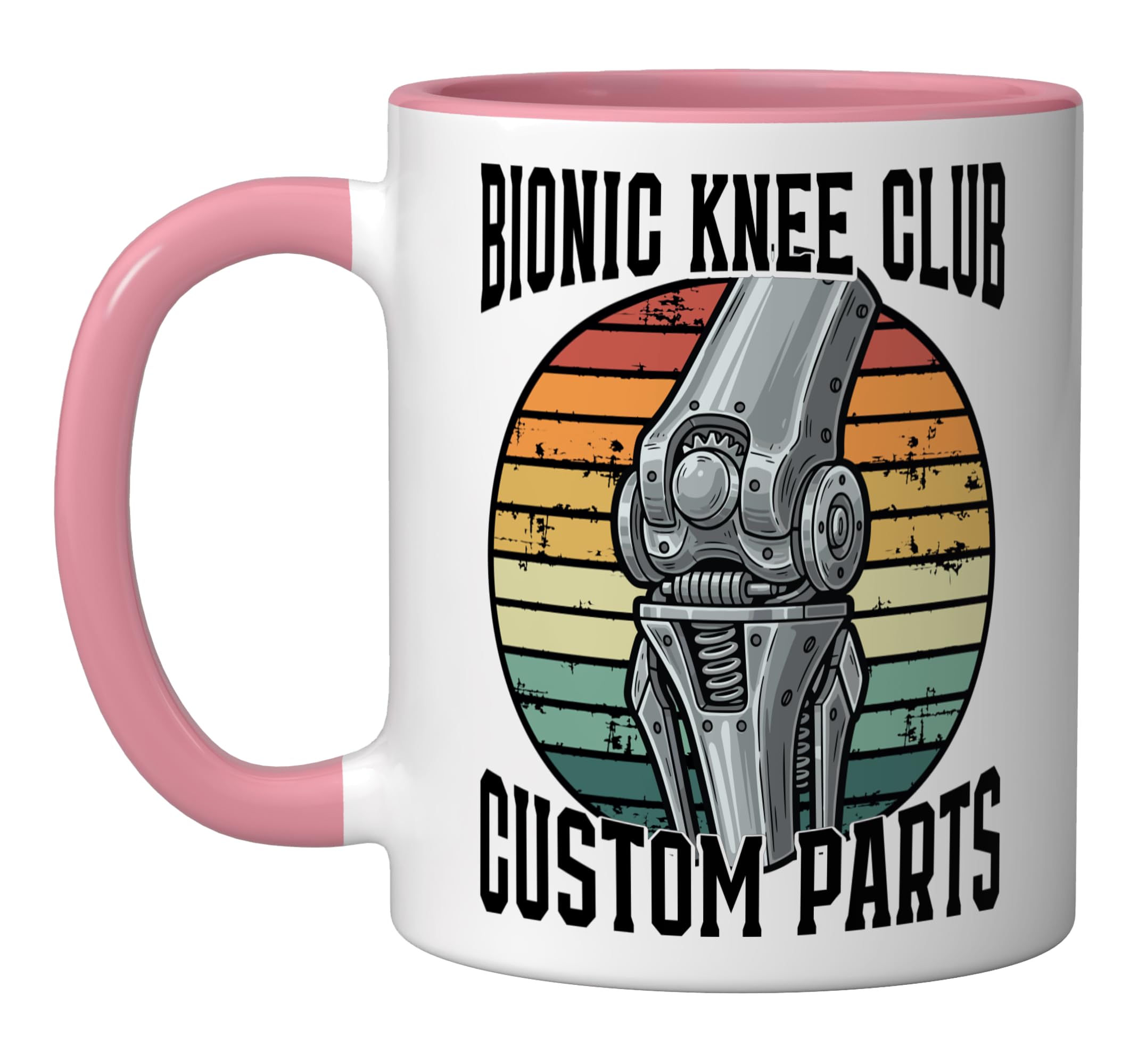 Funny Knee Replacement Bionic Knee Club Custom Parts Ceramic Mug, Pink/White
