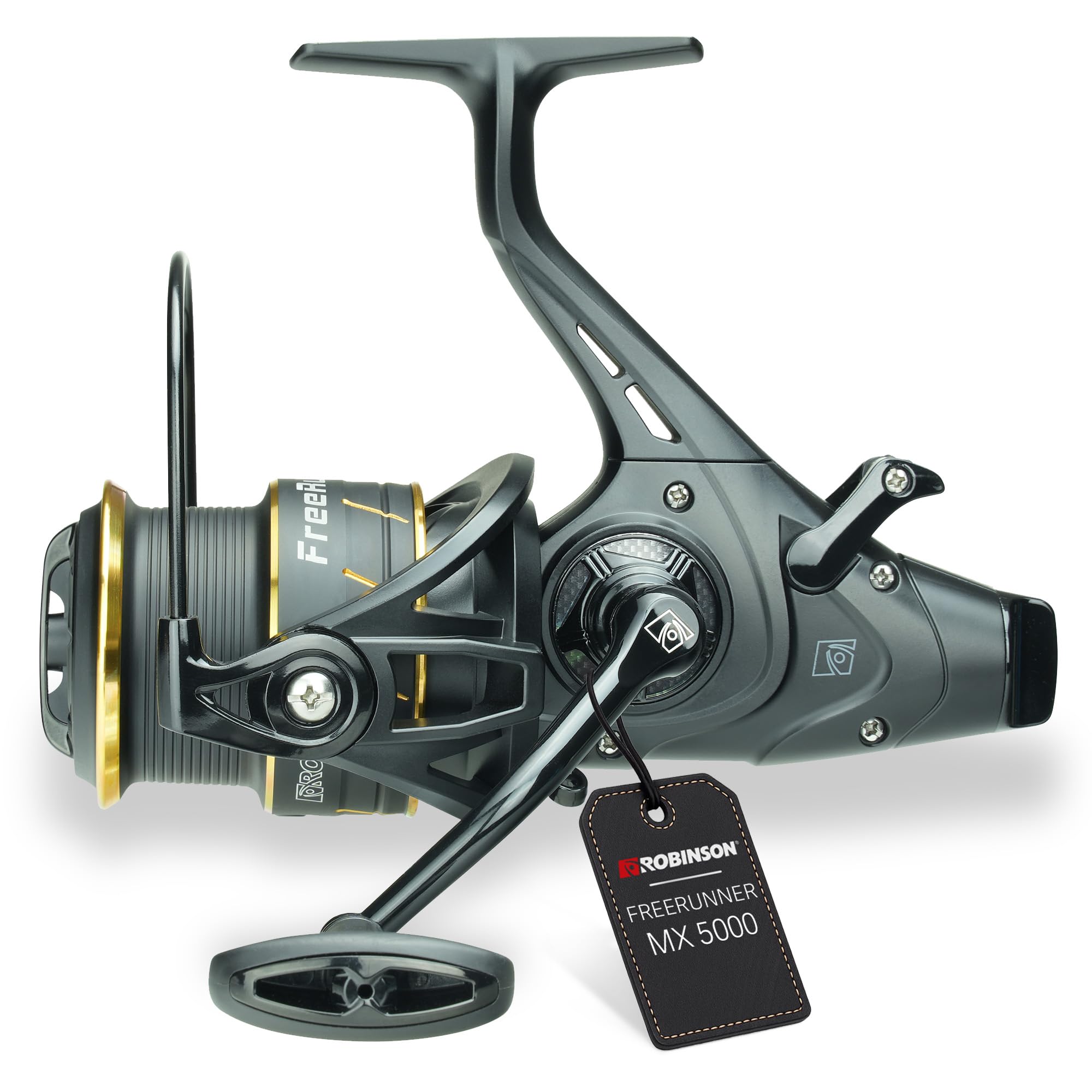Robinson Angelrolle mit Freilauf - 6 Kugellagern - Verstärktem Getriebe und Rohr-Schnurfangbügel - CNC-Alu-Kurbel -10kg Bremskraft - Freerunner