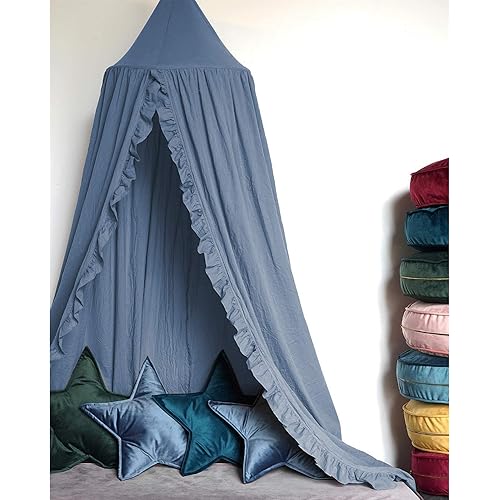 Bed Canopy with Frills Reading Nook Game Tent for Kids Boho Hanging Net Play Room Decor(Blue)