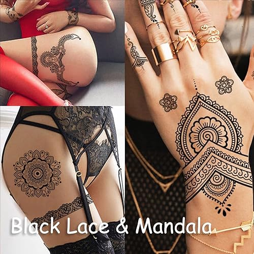 Miniatura 6 de Tatuajes temporales de henna marrón para mujeres y niñas, calcomanías de tatuaje falso de encaje, misterio sexy, mandala flor, diseño de arte