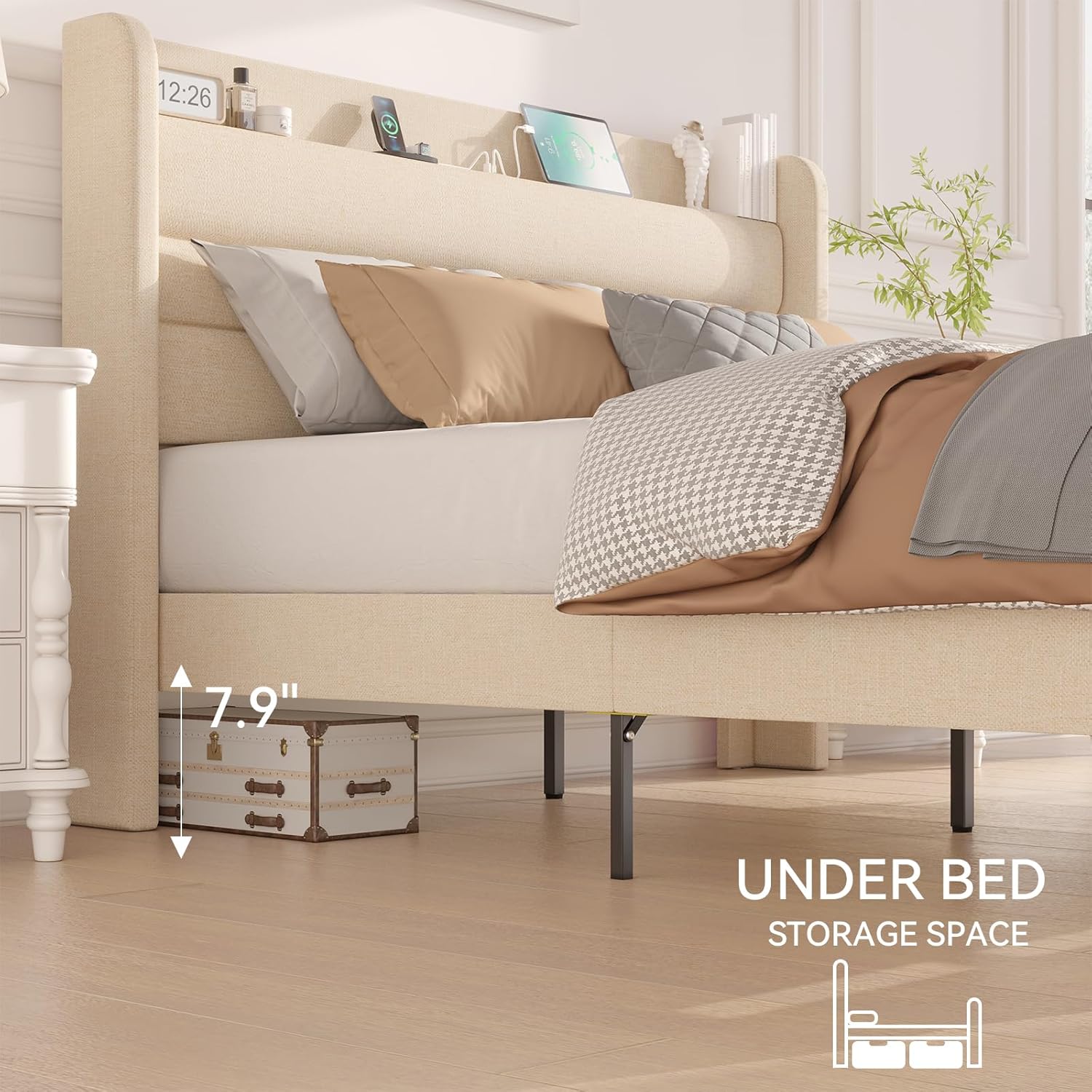 Flolinda Queen Bed Frame with Type-C & USB Ports Upholstered Platform Bed Frame with Wingback Shelf Beige